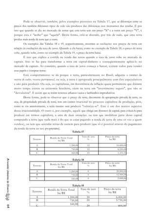Pode-se observar, também, pelos exemplos presentes na Tabela 17, que as diferenças entre os
preços dos também diferentes tipos de solo são produtos das diferenças nos montantes das rendas. É por
isto que quando se diz no mercado de terras que esta terra tem um preço "X" e a outra um preço "Y", é
porque esta é "melhor" que "aquela". Desta forma, está-se dizendo, por trás de tudo, que uma terra
produz mais renda da terra que a outra.
Os exemplos das Tabelas 18 e 19, respectivamente, mostram as oscilações nos preços da terra em
relação às oscilações da taxa de juros. Quando a ela baixa, como no exemplo da Tabela 18, o preço da terra
sobe, quando sobe, como no exemplo da Tabela 19, o preço da terra baixa.
É isto que explica a corrida na venda das terras quando a taxa de juros sobe no mercado de
capitais. Isto se faz para transformar a terra em capital-dinheiro e conseqüentemente aplicá-lo no
mercado de capitais. Ao contrário, quando a taxa de juros começa a baixar, correm todos para vender
seus papéis e comprar terras.
Este comportamento se dá porque a terra, particularmente no Brasil, adquiriu o caráter de
reserva de valor, reserva patrimonial, ou seja, a terra é apropriada principalmente com fins especulativos
e não para produzir. Ou seja, os capitalistas, em decorrência da inflação quase permanente que durante
muito tempo existiu na economia brasileira, vêem na terra um "investimento seguro", que não se
"desvaloriza". É assim que se retêm terrenos urbanos vazios e latifúndios improdutivos.
Dessa forma, pode-se observar que o preço da terra, decorrente da apropriação privada da terra, ou
seja, da propriedade privada da terra, tem um caráter irracional no processo capitalista de produção, pois,
como se viu anteriormente, a terra mesmo sem produzir "valoriza-se". Este é um dos muitos aspectos
dessa irracionalidade. O outro é, por exemplo, aquele que obriga um detentor de capital, para colocá-lo para
produzir em termos capitalista, a uma de duas situações: ou tem que imobilizar parte desse capital
comprando a terra (que nada mais é do que se estar pagando a renda da terra de uma só vez a quem
vendeu), ou tem que arrendar terras de outrem para produzir (que só é possível através do pagamento
da renda da terra ao seu proprietário).
Tabela 17
Terreno
Renda da Terra Total
ha/R$
Taxa de juro
%
Preço da terra
ha/R$
A 1.200,00 12 10.000,00
B 750,00 12 6.250,00
C 160,00 12 1.333,33
Tabela 18
AriovaldoUmbelinodeOliveira64
Terreno
Renda da Terra Total
ha/R$
Taxa de juro
%
Preço da terra
ha/R$
A 1.200,00 6 20.000,00
B 750,00 6 12.500,00
C 160,00 6 2.666,66
Tabela 19
Terreno
Renda da Terra Total
ha/R$
Taxa de juro
%
Preço da terra
ha/R$
A 1.200,00 20 6.000,00
B 750,00 20 3.750,00
C
160,00
20 800,00
 