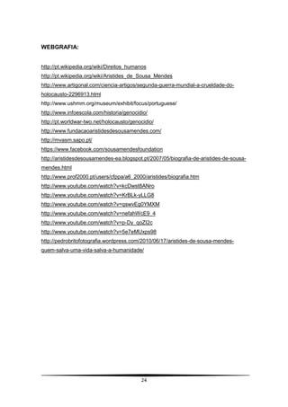 WEBGRAFIA:


http://pt.wikipedia.org/wiki/Direitos_humanos
http://pt.wikipedia.org/wiki/Aristides_de_Sousa_Mendes
http://www.artigonal.com/ciencia-artigos/segunda-guerra-mundial-a-crueldade-do-
holocausto-2296913.html
http://www.ushmm.org/museum/exhibit/focus/portuguese/
http://www.infoescola.com/historia/genocidio/
http://pt.worldwar-two.net/holocausto/genocidio/
http://www.fundacaoaristidesdesousamendes.com/
http://mvasm.sapo.pt/
https://www.facebook.com/sousamendesfoundation
http://aristidesdesousamendes-ea.blogspot.pt/2007/05/biografia-de-aristides-de-sousa-
mendes.html
http://www.prof2000.pt/users/cfppa/a6_2000/aristides/biografia.htm
http://www.youtube.com/watch?v=kcDwst8ANro
http://www.youtube.com/watch?v=KrBLk-yLLG8
http://www.youtube.com/watch?v=qswvEg0YMXM
http://www.youtube.com/watch?v=nefahWcE9_4
http://www.youtube.com/watch?v=p-Dy_qoZI2c
http://www.youtube.com/watch?v=5e7eMUxps98
http://pedrobritofotografia.wordpress.com/2010/06/17/aristides-de-sousa-mendes-
quem-salva-uma-vida-salva-a-humanidade/




                                          24
 