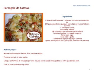 www.aromasesabores.com
Parangolé de batatas


                                                                                   Ingredientes

                                                           4 batatas (ou 2 batatas e 2 inhames) em cubos e cozidas com
                                                                                         sal
                                                           200 g de presunto (ou qualquer outro tipo de frio) cortado em
                                                                                      cubinhos
                                                                                1 tomate em cubos
                                                                                1/2 lata de ervilhas
                                                                    100 g de ricota em cubos (ou queijo minas)
                                                                      1 cebola picadinha e refogada no azeite
                                                                                 Azeite para regar
                                                                                 Ervas e sal a gosto
                                                                     2 colheres de sopa de requeijão cremoso
                                                            Queijo minas padrão (ou o que quiser para cobrir e gratinar)




Modo de preparo

Misture as batatas com ervilhas, frios, ricota e cebola.

Tempere com sal, ervas e azeite.

Coloque colherinhas de requeijão por cima e cubra com o queijo minas padrão ou outro que derreta bem.

Leve ao forno quente para gratinar.


                                                                                                                      18
 