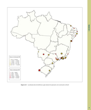 8.
GÁS
NATURAL
Figura 8.3 – Localização das termelétricas a gás natural em operação e em construção no Brasil
Usinas em Operação (kW)
1204 - 18000
18001 - 39900
39901 - 120000
120001 - 350000
350001 - 639900
Usinas em Construção (kW)
8310 -143850
143851 - 270000
270001 - 637500
637501 - 851700
851701 - 1162800
95
 