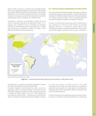 9.
ENERGIA
NUCLEAR
porém, da falta de recursos, a construção ficou paralisada durante
váriosanoseaoperaçãodoreatorocorreusomenteemjulhode2000,
comcargade200MWa300MW.Entre20deagostoe3desetembro
daquele ano, a usina funcionou regularmente, com 915 MW médios.
A partir de então, operou de modo intermitente até 9 de novembro,
quandopassouaoperarcompotênciade1.365MWmédios.
Atualmente, o suprimento de eletricidade do Estado do Rio de
Janeiro é fortemente dependente da operação de Angra I e II, e
espera-se que, juntamente com as termelétricas do Programa
Prioritário de Termeletricidade (PPT) programadas para o Estado,
haja minimização da dependência externa de energia e maior
diversificação das fontes locais de suprimento.
9.4–Reservas,ExtraçãoeBeneficiamentodeUrânionoBrasil
Comcercade30%doterritórioprospectado,oBrasilpossuiatualmente
a sexta maior reserva de urânio do mundo. As reservas nacionais são
estimadas em 309.200 toneladas. Desse total, 46% estão localizados
no município de Itataia, no Ceará, e 33%, no Estado da Bahia, nos
municípiosdeLagoaRealeCaetité,comoindicadonaTabela9.1.
O urânio é um metal branco-níquel, pouco menos resistente que o
aço, encontrado nas rochas da crosta terrestre. Sua principal
aplicação comercial é a geração de energia elétrica, como
combustívelparareatoresnuclearesdepotência.Paraisso,passapor
uma série de estágios e processos, dentre os quais a mineração, o
Fonte: Elaborado a partir de BP Amoco, 1999 d.
beneficiamento e a produção do elemento combustível, composto
por pastilhas de dióxido de urânio (UO2) [INB, 2001].
O primeiro complexo mínero-industrial de urânio no Brasil foi
instalado em 1982, no município de Caldas, no sul de Minas Gerais
[INB,2001].Segundoareferidafonte,desdeoiníciodesuaoperação,
a unidade de Caldas produziu cerca de 1.300 toneladas de
concentrado de urânio (U3O8) – o suficiente para o suprimento de
Angra I e de programas de desenvolvimento tecnológico. A extração
de urânio nas reservas de Caldas já não é mais viável
economicamente, de modo que foi transferida para a unidade de
Lagoa Real, permanecendo em Caldas apenas o beneficiamento.
A produção de elementos combustíveis é feita em Rezende-RJ, onde
há duas unidades produtoras.
AFigura9.3apresentaalocalizaçãodasprincipaisreservasnacionais
de urânio, as unidades de extração, beneficiamento e produção de
Figura 9.2 – Produção mundial de energia elétrica por usinas nucleares em 1998 (milhões de tEP)
Produção de energia elétrica
por usinas nucleares
(milhões de tEP)
100 a 200
20 a 100
1 a 20
0
101
 