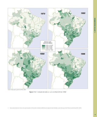 11.
ASPECTOS
SOCIOECONÔMICOS
Figura 11.3 – Evolução da renda per capita no Brasil (US$ de 1998)2
Fonte: Elaborado a partir de IPEA, 2001.
2 Esses valores devem ser vistos como aproximações em função das inveitáveis deficiências de algumas bases de dados, a partir das quais foram feitas as estimativas [IPEA, 2001]
Renda per capita
(dólares por habitante)
8.000 a 20.000
4.000 a 8.000
2.000 a 4.000
1.000 a 2.000
menos de 1.000
115
 