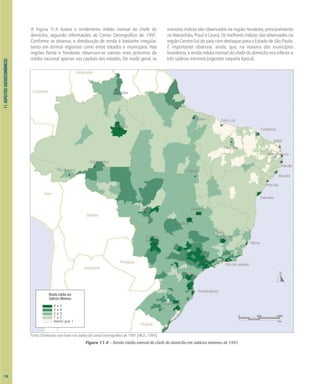 Renda média em
Salários Mínimos
4 a 7
3 a 4
2 a 3
1 a 2
menor que 1
Figura 11.4 – Renda média mensal do chefe do domicílio em salários mínimos de 1991
116
A Figura 11.4 ilustra o rendimento médio mensal do chefe do
domicílio, segundo informações do Censo Demográfico de 1991.
Conforme se observa, a distribuição de renda é bastante irregular,
tanto em termos regionais como entre estados e municípios. Nas
regiões Norte e Nordeste, observam-se valores mais próximos da
média nacional apenas nas capitais dos estados. De modo geral, os
menores índices são observados na região Nordeste, principalmente
no Maranhão, Piauí e Ceará. Os melhores índices são observados na
região Centro-Sul do país, com destaque para o Estado de São Paulo.
É importante observar, ainda, que, na maioria dos municípios
brasileiros, a renda média mensal do chefe do domicílio era inferior a
três salários mínimos (vigentes naquela época).
11.
ASPECTOS
SOCIOECONÔMICOS
Fonte: Elaborado com base nos dados do Censo Demográfico de 1991 [IBGE, 1994].
0 500 1000
km
 