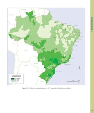 11.
ASPECTOS
SOCIOECONÔMICOS
Figura 11.5 – Índice de posse de geladeiras em 1991 – proporção de domicílios com geladeira
Proporção de domicílios
com geladeira elétrica
Mais de 80%
50 a 80%
20 a 50%
8 a 20%
0 500 1000
km
117
 