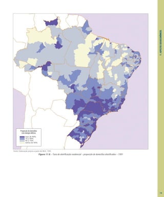 11.
ASPECTOS
SOCIOECONÔMICOS
Figura 11.6 – Taxa de eletrificação residencial – proporção de domicílios eletrificados – 1991
Proporção de domicílios
com energia elétrica
mais de 90%
70 a 90%
40 a 70%
menos de 40%
Fonte: Elaboração própria a partir de IBGE, 1991.
119
 