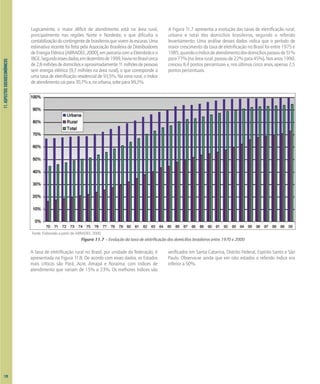 11.
ASPECTOS
SOCIOECONÔMICOS
Logicamente, o maior déficit de atendimento está na área rural,
principalmente nas regiões Norte e Nordeste, o que dificulta a
contabilizaçãodocontingentedebrasileirosquevivemàsescuras.Uma
estimativa recente foi feita pela Associação Brasileira de Distribuidores
deEnergiaElétrica[ABRADEE,2000],emparceriacomaEletrobráseo
IBGE.Segundoessesdados,emdezembrode1999,havianoBrasilcerca
de2,8milhõesdedomicílioseaproximadamente1
1milhõesdepessoas
sem energia elétrica (9,7 milhões na área rural), o que corresponde a
uma taxa de eletrificação residencial de 93,5%. Na zona rural, o índice
deatendimentocaipara70,7%e,naurbana,sobepara99,2%.
A Figura 11.7 apresenta a evolução das taxas de eletrificação rural,
urbana e total dos domicílios brasileiros, segundo o referido
levantamento. Uma análise desses dados indica que o período de
maior crescimento da taxa de eletrificação no Brasil foi entre 1975 e
1985,quandooíndicedeatendimentodosdomicíliospassoude51%
para77%(naárearural,passoude22%para45%).Nosanos1990,
cresceu 8,4 pontos percentuais e, nos últimos cinco anos, apenas 2,5
pontos percentuais.
Figura 11.7 – Evolução da taxa de eletrificação dos domicílios brasileiros entre 1970 e 2000
Fonte: Elaborado a partir de ABRADEE, 2000.
A taxa de eletrificação rural no Brasil, por unidade da federação, é
apresentada na Figura 11.8. De acordo com esses dados, os Estados
mais críticos são Pará, Acre, Amapá e Roraima, com índices de
atendimento que variam de 15% a 23%. Os melhores índices são
verificados em Santa Catarina, Distrito Federal, Espírito Santo e São
Paulo. Observa-se ainda que em oito estados o referido índice era
inferior a 50%.
120
 