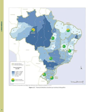 3.
ENERGIA
HIDRÁULICA
Figura 3.2 – Potencial hidrelétrico brasileiro por sub-bacia hidrográfica
Nota: os números correspondem aos códigos das sub-bacias, como indicado nas tabelas 3.2 e 3.4.
Potencial hidrelétrico
total (MW)
15.000 a 30.000
5.000 a 15.000
1.000 a 5.000
500 a 1.000
0 a 500
Limite das bacias
Limite das sub-bacias
Potencial estimado
Potencial inventariado
0 500 1000
km
22
 