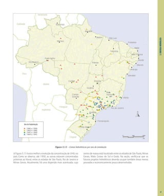 3.
ENERGIA
HIDRÁULICA
AFigura3.13ilustramelhoraevoluçãodaconcentraçãodeUHEsno
país. Como se observa, até 1950, as usinas estavam concentradas
próximas ao litoral, entre os estados de São Paulo, Rio de Janeiro e
Minas Gerais. Atualmente, há uma dispersão mais acentuada, cujo
centrodemassaestálocalizadoentreosestadosdeSãoPaulo,Minas
Gerais, Mato Grosso do Sul e Goiás. Na seção, verifica-se que os
futuros projetos hidrelétricos deverão ocupar também áreas menos
povoadas e economicamente pouco desenvolvidas.
Figura 3.12 – Usinas hidrelétricas por ano de instalação
0 500 1000
km
Ano de Implantação
1986 a 1999
1969 a 1986
1945 a 1969
1904 a 1945
37
 