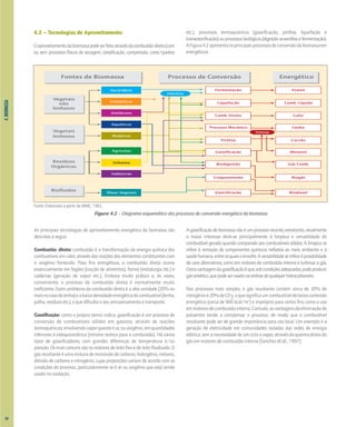 4.
BIOMASSA
4.3 – Tecnologias de Aproveitamento
Oaproveitamentodabiomassapodeserfeitoatravésdacombustãodireta(com
ou sem processos físicos de secagem, classificação, compressão, corte/quebra
etc.), processos termoquímicos (gaseificação, pirólise, liquefação e
transesterificação)ouprocessosbiológicos(digestãoanaeróbiaefermentação).
AFigura4.2apresentaosprincipaisprocessosdeconversãodabiomassaem
energéticos.
Fonte: Elaborado a partir de MME, 1982.
As principais tecnologias de aproveitamento energético da biomassa são
descritas a seguir.
Combustão direta: combustão é a transformação da energia química dos
combustíveis em calor, através das reações dos elementos constituintes com
o oxigênio fornecido. Para fins energéticos, a combustão direta ocorre
essencialmente em fogões (cocção de alimentos), fornos (metalurgia etc.) e
caldeiras (geração de vapor etc.). Embora muito prático e, às vezes,
conveniente, o processo de combustão direta é normalmente muito
ineficiente. Outro problema da combustão direta é a alta umidade (20% ou
maisnocasodalenha)eabaixadensidadeenergéticadocombustível(lenha,
palha, resíduos etc.), o que dificulta o seu armazenamento e transporte.
Gaseificação: como o próprio termo indica, gaseificação é um processo de
conversão de combustíveis sólidos em gasosos, através de reações
termoquímicas,envolvendovaporquenteear,ouoxigênio,emquantidades
inferiores à estequiométrica (mínimo teórico para a combustão). Há vários
tipos de gaseificadores, com grandes diferenças de temperatura e/ou
pressão. Os mais comuns são os reatores de leito fixo e de leito fluidizado. O
gásresultanteéumamisturademonóxidodecarbono,hidrogênio,metano,
dióxido de carbono e nitrogênio, cujas proporções variam de acordo com as
condições do processo, particularmente se é ar ou oxigênio que está sendo
usado na oxidação.
Agaseificaçãodebiomassanãoéumprocessorecente,entretanto,atualmente
o maior interesse deve-se principalmente à limpeza e versatilidade do
combustível gerado quando comparado aos combustíveis sólidos. A limpeza se
refere à remoção de componentes químicos nefastos ao meio ambiente e à
saúdehumana,entreosquaisoenxofre.Aversatilidadeserefereàpossibilidade
de usos alternativos, como em motores de combustão interna e turbinas a gás.
Outravantagemdagaseificaçãoéque,sobcondiçõesadequadas,podeproduzir
gássintético,quepodeserusadonasíntesedequalquerhidrocarboneto.
Nos processos mais simples, o gás resultante contém cerca de 30% de
nitrogênioe20%deCO2,oquesignificaumcombustíveldebaixoconteúdo
energético (cerca de 900 kcal/m3
) e impróprio para certos fins, como o uso
emmotoresdecombustãointerna.Contudo,asvantagensdaeliminaçãode
poluentes tende a compensar o processo, de modo que o combustível
resultante pode ser de grande importância para uso local. Um exemplo é a
geração de eletricidade em comunidades isoladas das redes de energia
elétrica,semanecessidadedeumcicloavapor,atravésdaqueimadiretado
gás em motores de combustão interna [Sanchez et al., 1997].
Figura 4.2 – Diagrama esquemático dos processos de conversão energética da biomassa
54
 