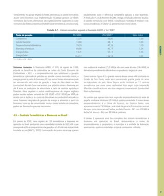 4.
BIOMASSA
fornecimento.Noquedizrespeitoàsfontesalternativas,osvaloresnormativos
atuam como incentivo à sua implementação no parque gerador. Os valores
normativos das fontes alternativas são expressivamente superiores ao valor
normativodasfontescompetitivas(hidrelétricasetermelétricasconvencionais),
estabelecendo assim o diferencial competitivo aplicado a esse segmento.
AResoluçãono
22,defevereirode2001,revogaaresoluçãoanterioreatualiza
os valores normativos, cria e define a classificação "biomassa e resíduos" e dá
outrasprovidências.ATabela4.2apresentaessesnovosvalores.
Tabela 4.2 – Valores normativos segundo a Resolução ANEEL no
22/2001
Sistemas Isolados: A Resolução ANEEL no
245, de agosto de 1999,
estende os benefícios da sistemática de rateio da Conta Consumo de
Combustíveis – CCC – a empreendimentos que substituam a geração
termelétrica a derivado de petróleo ou atenda a novos mercados. Assim, a
energia gerada a partir de biomassa, PCHs e outras fontes alternativas pode
ser remunerada pelo valor da geração a base de óleo diesel ou óleo
combustível. Através desse mecanismo, que subsidia usinas a biomassa por
até 8 anos, os produtores de eletricidade a partir de resíduos agrícolas e
florestais, óleos vegetais e outras matérias-primas de origem orgânica
podem receber valores variando de US$ 60,00 a US$ 120,00 por MWh, de
acordo com a distância e o custo do óleo diesel ou combustível utilizado na
usina. Sistemas integrados de geração de energia e alimentos a partir da
biomassa, como os de comunidades rurais e áreas isoladas da Amazônia,
podem ser favorecidos por esse mecanismo.
4.5 – Centrais Termelétricas a Biomassa no Brasil
Em janeiro de 2002, havia registro de 159 termelétricas a biomassa em
operação no Brasil, perfazendo uma capacidade instalada de 992 MW, o que
correspondea8%doparquetérmicodegeraçãoea1,4%detodaacapacidade
instalada no país [ANEEL, 2002]. Com exceção de quatro usinas que operam
com resíduos de madeira (25,5 MW) e três com casca de arroz (14,4 MW), os
demaisempreendimentossãocentraisco-geradorasabagaçodecana.
Como ilustra a Figura 4.3, a grande maioria dessas usinas está localizada no
Estado de São Paulo, onde está concentrada grande parte do setor
sucroalcooleiro do país. Nessa figura, estão incluídas as 12 centrais
termelétricas que usam como combustível licor negro, cuja composição
dificulta a classificação em uma das categorias convencionais (combustível
fóssil ou biomassa).
As centrais que operam com licor negro são empreendimentos do setor de
papel e celulose e totalizam 621 MW de potência instalada. O maior desses
empreendimentos é a Usina de Aracruz, no Espírito Santo, com
aproximadamente150MWdecapacidadedegeração.Entreoutrascentrais
demaiorporte,destacam-seCenibra,emBeloOriente–MG,com100MW,e
Bahia Sul, Mucuri – BA, com 92 MW de potência.
O Anexo 2 apresenta uma lista completa das centrais termelétricas a
biomassa em operação no Brasil, destacando-se o nome do
empreendimento, o proprietário, o município e a unidade da federação,
assim como a potência instalada e o tipo de combustível utilizado.
Fonte de geração R$/MWh US$/MWh* Valor índice
Competitiva 72,35 36,85 1,00
Carvão Nacional 74,86 38,13 1,03
Pequena Central Hidrelétrica 79,29 40,39 1,10
Biomassa e Resíduos 89,86 45,77 1,24
Energia Eólica 112,21 57,15 1,55
Energia Solar 264,12 134,53 3,65
*R$ 1,00 = US$ 1,9633
57
 