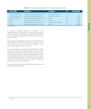 5.
ENERGIA
EÓLICA
Os principais benefícios previstos no Proeólica – não
regulamentados até janeiro de 2002 – são a garantia de compra da
energia gerada por um prazo mínimo de 15 anos e preços baseados
no valor normativo estabelecido pela ANEEL (Resolução no
22, de
fevereiro de 2001).
Entreoutrosfatoresquedeverãoestimularousodaenergiaeólicano
Brasil destaca-se a criação do Programa de Incentivo ao Uso de
Fontes Alternativas de Energia Elétrica (PROINFA), como
mencionado no capítulo anterior – Seção 4.4.
Em janeiro de 2002, havia registro de 38 empreendimentos eólicos
autorizados pela ANEEL, que deverão agregar ao sistema elétrico
nacional 3.338 MW, o que corresponde a cerca de 15% de todos as
usinasoutorgadaspelaANEEL,cujaconstruçãonãohaviasidoiniciada.
Como apresentado na Tabela 5.5 e ilustrado na Figura 5.5, a grande
maioriadosprojetosselocalizamnolitoraldosestadosdoCearáeRio
Grande do Norte. Observam-se, porém, projetos no interior de
Pernambuco, na Bahia e no Rio de Janeiro.
A seguir, descreve-se as principais características dos projetos em
operação no País [CBEE, 2000].
Tabela 5.4 – Centrais eólicas em operação no Brasil – situação em janeiro de 20023
Central Eólica Proprietário Localidade UF Potência(kW)
Fernando de Noronha I Companhia Energética de Pernambuco Fernando de Noronha PE 75
Fernando de Noronha II Centro Brasileiro de Energia Eólica Fernando de Noronha PE 225
Morro do Camelinho Companhia Energética de Minas Gerais Gouveia MG 1.000
Palmas Centrais Eólicas do Paraná Ltda. Palmas PR 2.500
Taíba Wobben Wind Power Ind. e Com. Ltda. São Gonçalo do Amarante CE 5.000
Prainha Wobben Wind Power Ind. e Com. Ltda. Aquiraz CE 10.000
Fonte: ANEEL, 2002.
69
3 Registre-se,também,aCentralEólicadoMucuripe,noMunicípiodeFortaleza–CE,quetinhapotênciainstaladade1.200kWeestavadesativadaparaampliaçãodesuacapacidadedegeração
para 2.400 kW.
 