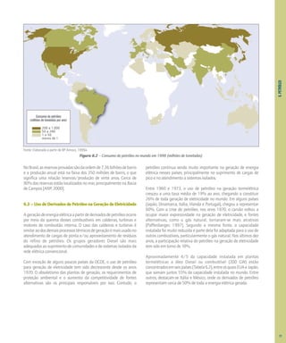 6.
PETRÓLEO
NoBrasil,asreservasprovadassãodaordemde7,36bilhõesdebarris
e a produção anual está na faixa dos 350 milhões de barris, o que
significa uma relação reservas/produção de vinte anos. Cerca de
90% das reservas estão localizados no mar, principalmente na Bacia
de Campos [ANP, 2000].
6.3 – Uso de Derivados de Petróleo na Geração de Eletricidade
Ageraçãodeenergiaelétricaapartirdederivadosdepetróleoocorre
por meio da queima desses combustíveis em caldeiras, turbinas e
motores de combustão interna. O caso das caldeiras e turbinas é
similaraodosdemaisprocessostérmicosdegeraçãoemaisusadono
atendimento de cargas de ponta e/ou aproveitamento de resíduos
do refino de petróleo. Os grupos geradores Diesel são mais
adequados ao suprimento de comunidades e de sistemas isolados da
rede elétrica convencional.
Com exceção de alguns poucos países da OCDE, o uso de petróleo
para geração de eletricidade tem sido decrescente desde os anos
1970. O obsoletismo das plantas de geração, os requerimentos de
proteção ambiental e o aumento da competitividade de fontes
alternativas são os principais responsáveis por isso. Contudo, o
petróleo continua sendo muito importante na geração de energia
elétrica nesses países, principalmente no suprimento de cargas de
pico e no atendimento a sistemas isolados.
Entre 1960 e 1973, o uso de petróleo na geração termelétrica
cresceu a uma taxa média de 19% ao ano, chegando a constituir
26% de toda geração de eletricidade no mundo. Em alguns países
(Japão, Dinamarca, Itália, Irlanda e Portugal), chegou a representar
60%. Com a crise do petróleo, nos anos 1970, o carvão voltou a
ocupar maior expressividade na geração de eletricidade, e fontes
alternativas, como o gás natural, tornaram-se mais atrativas
[Paffenbarger, 1997]. Segundo a mesma fonte, a capacidade
instalada foi muito reduzida e parte dela foi adaptada para o uso de
outros combustíveis, particularmente o gás natural. Nos últimos dez
anos, a participação relativa do petróleo na geração de eletricidade
tem sido em torno de 10%.
Aproximadamente 4/5 da capacidade instalada em plantas
termelétricas a óleo Diesel ou combustível (200 GW) estão
concentradosemseispaíses(Tabela6.2),entreosquaisEUAeJapão,
que somam juntos 55% da capacidade instalada no mundo. Entre
outros, destacam-se Itália e México, onde os derivados de petróleo
representam cerca de 50% de toda a energia elétrica gerada.
Fonte: Elaborado a partir de BP Amoco, 1999a.
Figura 6.2 – Consumo de petróleo no mundo em 1998 (milhões de toneladas)
Consumo de petróleo
(milhões de toneladas por ano)
200 a 1.000
50 a 200
1 a 50
menos de 1
77
 