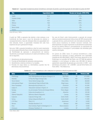 6.
PETRÓLEO
A partir de 1980, a operação das plantas a óleo começou a ser
transferida da base para o pico de demanda do sistema e,
conseqüentemente, a taxa de utilização (fator de capacidade) tem
sido reduzida. Assim, a capacidade instalada tem sido mais
expressiva do que a geração de energia.
Nos anos 1980, a geração termelétrica a óleo foi muito importante,
emváriospaíses(Holanda,ReinoUnido,Irlandaetc.),paraaprovisão
de flexibilidade de operação e planejamento do sistema.
Atualmente, as principais funções de um sistema termelétrico a óleo
são as seguintes:
1. Atendimento da demanda de ponta;
2. Provisão de flexibilidade de operação e planejamento;
3. Atendimento a sistemas remotos e/ou isolados;
4. Provisão de carga básica ou intermediária, quando não há
alternativas mais econômicas.
No caso do Brasil, onde historicamente a geração de energia
elétrica é predominantemente hídrica (mais de 90% atualmente),
a geração térmica, particularmente com derivados de petróleo, é
muito pouco expressiva no âmbito nacional. Contudo, tem
desempenhadoumpapelimportantenoatendimentodademanda
de pico do sistema elétrico e, principalmente, no suprimento de
energia elétrica a municípios e comunidades não atendidos pelo
sistema interligado.
Em janeiro de 2002, havia 15 centrais termelétricas a óleo
combustível em operação no Brasil, perfazendo uma capacidade
instalada de 945 MW [ANEEL, 2002]. Entre essas, destacam-se a de
Piratininga, no município de São Paulo, com 472 MW de potência
instalada, e a de Camaçari, na Bahia, com 290 MW. As demais
apresentam capacidade de geração que varia entre 2,3 MW – caso
daCitrosuco,emLimeira–SP–e68MW–casodaTermoNorteI,em
Porto Velho – RO (Tabela 6.3).
Tabela 6.2 – Capacidade instalada das plantas termelétricas a derivados de petróleo e parcela da geração de eletricidade nos países da OCDE
País Capacidade (GW) Parcela da Geração (1990-1994)
Japão 63,0 27%
Estados Unidos 47,1 4%
Itália 18,3 49%
México 18,0 55%
França 9,0 2%
Reino Unido 8,0 9%
Outros 36,6 4%
Fonte: BP Amoco, 1999 a.
Tabela 6.3 – Usinas termelétricas a óleo combustível em operação no Brasil em janeiro de 2002
Usina Proprietário Município UF Potência (kW)
Piratininga Emp. Metropolitana de Águas e Energia S/A São Paulo SP 472.000
Wartsila El Paso Rio Negro Energia Ltda. Manaus AM 166.360
Termo Norte I Termo Norte Energia Ltda. Porto Velho RO 68.000
International Paper International Paper do Brasil Ltda. Mogi Guaçu SP 50.500
Porto Trombetas Mineração Rio do Norte S/A Oriximiná PA 43.200
Celpav II Votorantim Celulose e Papel S/A Luís Antônio SP 32.600
Nutepa Cia. de Geração Térmica de Energia Elétrica Porto Alegre RS 24.000
Cadam Calium da Amazônia S/A Almeirim PA 20.100
Alberto Pasqualini Refinaria Alberto Pasqualini Canoas RS 18.000
Capuava Capuava Energy Ltda. Santo André SP 17.000
Solvay Solvay Indupa do Brasil S/A Santo André SP 11.000
CTE Fibra Fibra S/A Americana SP 9.200
Reman Petróleo Brasileiro S/A Manaus AM 6.400
Orsa Orsa Celulose, Papel e Embalagens S/A Nova Campina SP 4.500
Citrosuco Citrosuco Paulista S/A Limeira SP 2.300
Fonte: ANEEL, 2002.
78
 