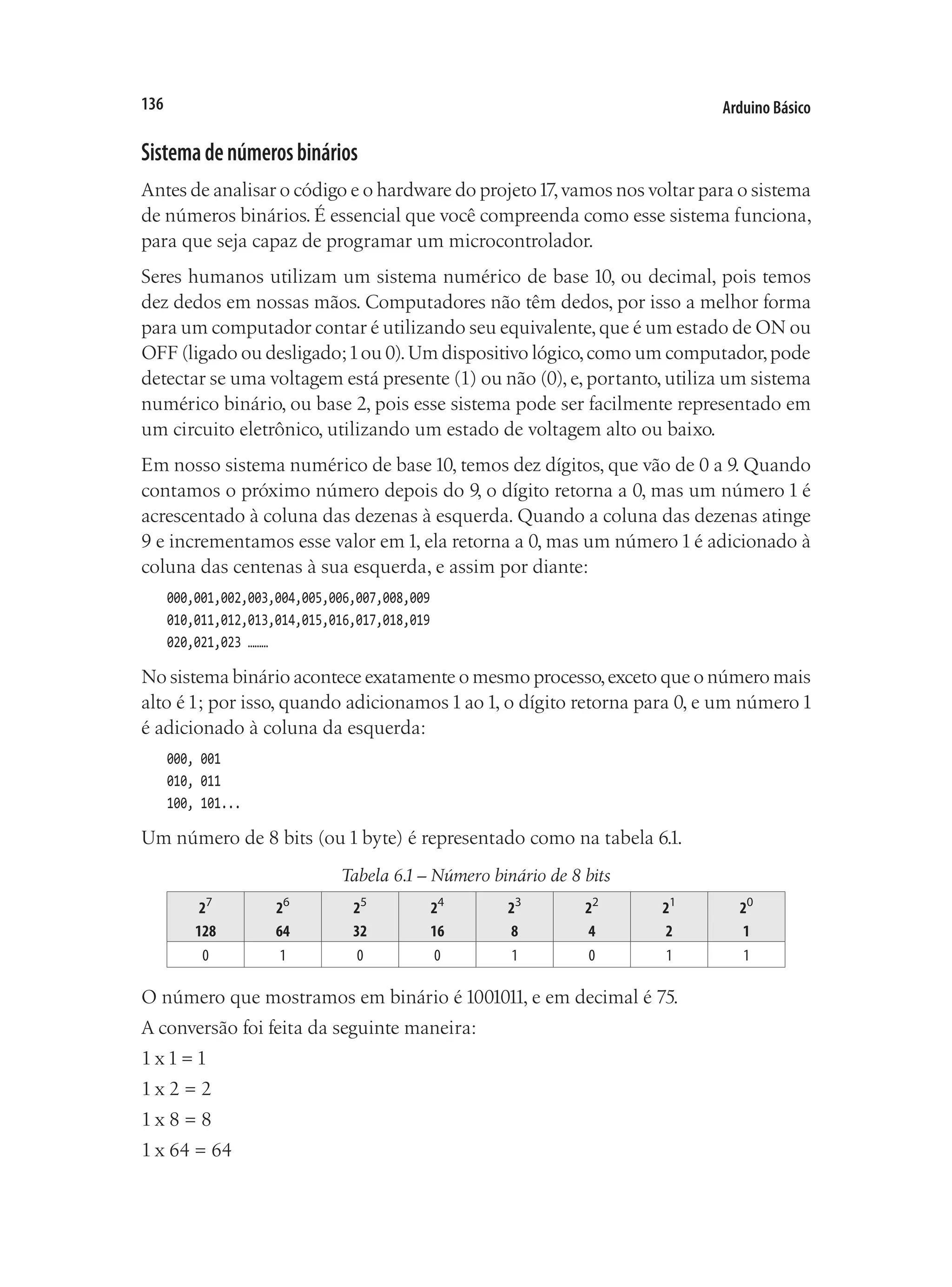Arduino Básico
136
Sistemadenúmerosbinários
Antes de analisar o código e o hardware do projeto17,vamos nos voltar para o sistema
de números binários. É essencial que você compreenda como esse sistema funciona,
para que seja capaz de programar um microcontrolador.
Seres humanos utilizam um sistema numérico de base 10, ou decimal, pois temos
dez dedos em nossas mãos. Computadores não têm dedos, por isso a melhor forma
para um computador contar é utilizando seu equivalente,que é um estado de ON ou
OFF (ligado ou desligado;1ou 0).Um dispositivo lógico,como um computador,pode
detectar se uma voltagem está presente (1) ou não (0), e, portanto, utiliza um sistema
numérico binário, ou base 2, pois esse sistema pode ser facilmente representado em
um circuito eletrônico, utilizando um estado de voltagem alto ou baixo.
Em nosso sistema numérico de base10, temos dez dígitos, que vão de 0 a 9. Quando
contamos o próximo número depois do 9, o dígito retorna a 0, mas um número 1 é
acrescentado à coluna das dezenas à esquerda. Quando a coluna das dezenas atinge
9 e incrementamos esse valor em1, ela retorna a 0, mas um número1é adicionado à
coluna das centenas à sua esquerda, e assim por diante:
000,001,002,003,004,005,006,007,008,009
010,011,012,013,014,015,016,017,018,019
020,021,023 ………
No sistema binário acontece exatamente o mesmo processo,exceto que o número mais
alto é1; por isso, quando adicionamos1ao1, o dígito retorna para 0, e um número1
é adicionado à coluna da esquerda:
000, 001
010, 011
100, 101...
Um número de 8 bits (ou 1 byte) é representado como na tabela 6.1.
Tabela 6.1 – Número binário de 8 bits
27
128
26
64
25
32
24
16
23
8
22
4
21
2
20
1
0 1 0 0 1 0 1 1
O número que mostramos em binário é 1001011, e em decimal é 75.
A conversão foi feita da seguinte maneira:
1 x 1 = 1
1 x 2 = 2
1 x 8 = 8
1 x 64 = 64
 