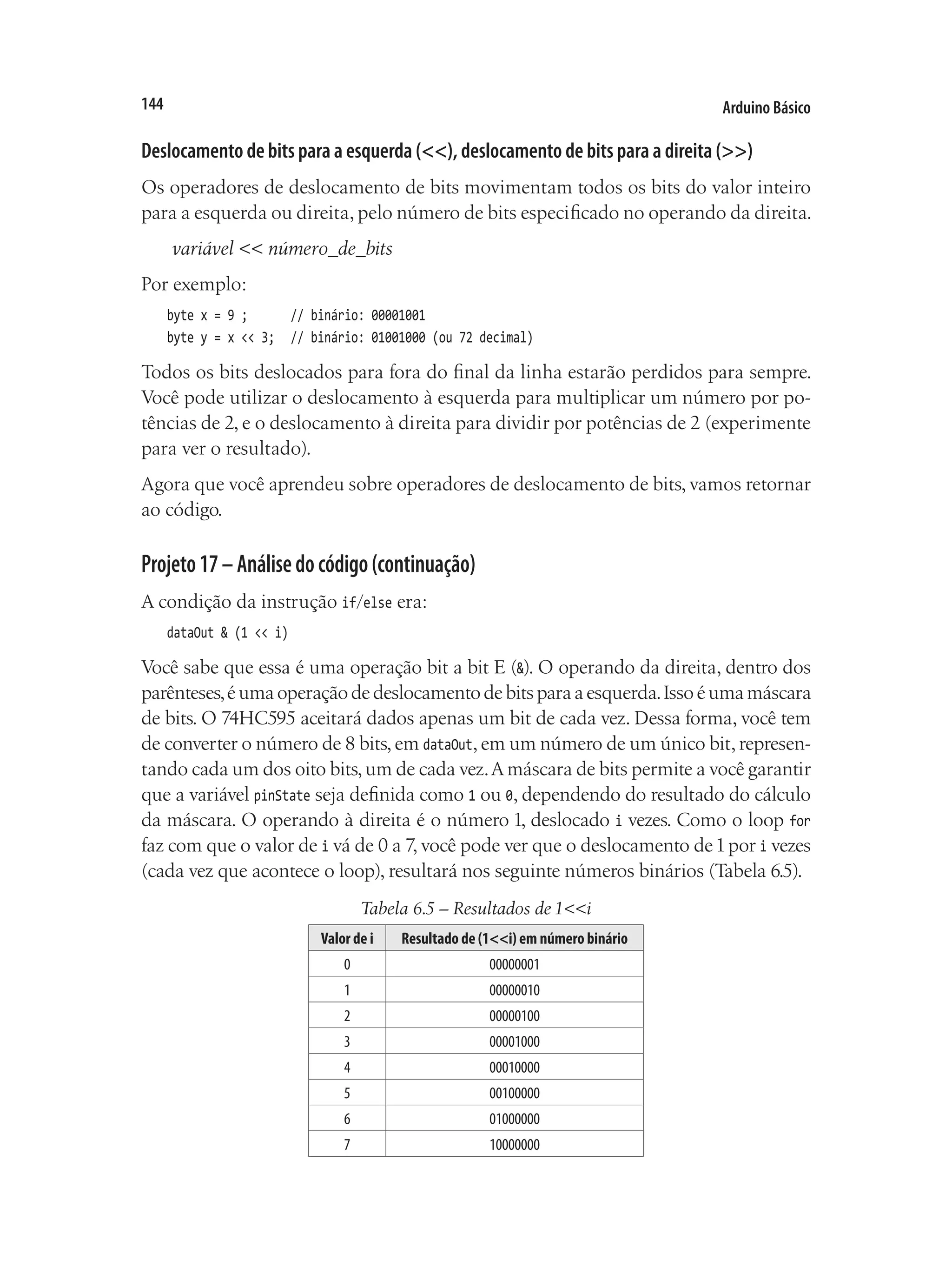 Arduino Básico
144
Deslocamento de bits para a esquerda (<<), deslocamento de bits para a direita (>>)
Os operadores de deslocamento de bits movimentam todos os bits do valor inteiro
para a esquerda ou direita, pelo número de bits especificado no operando da direita.
variável << número_de_bits
Por exemplo:
byte x = 9 ;			 // binário: 00001001
byte y = x << 3;		 // binário: 01001000 (ou 72 decimal)
Todos os bits deslocados para fora do final da linha estarão perdidos para sempre.
Você pode utilizar o deslocamento à esquerda para multiplicar um número por po-
tências de 2, e o deslocamento à direita para dividir por potências de 2 (experimente
para ver o resultado).
Agora que você aprendeu sobre operadores de deslocamento de bits, vamos retornar
ao código.
Projeto17–Análisedocódigo(continuação)
A condição da instrução if/else era:
dataOut & (1 << i)
Você sabe que essa é uma operação bit a bit E (&). O operando da direita, dentro dos
parênteses,éumaoperaçãodedeslocamentodebitsparaaesquerda.Issoéumamáscara
de bits. O 74HC595 aceitará dados apenas um bit de cada vez. Dessa forma, você tem
de converter o número de 8 bits,em dataOut,em um número de um único bit,represen-
tando cada um dos oito bits,um de cada vez.Amáscara de bits permite a você garantir
que a variável pinState seja definida como 1 ou 0, dependendo do resultado do cálculo
da máscara. O operando à direita é o número 1, deslocado i vezes. Como o loop for
faz com que o valor de i vá de 0 a 7, você pode ver que o deslocamento de1por i vezes
(cada vez que acontece o loop), resultará nos seguinte números binários (Tabela 6.5).
Tabela 6.5 – Resultados de 1<<i
Valor de i Resultado de (1<<i) em número binário
0 00000001
1 00000010
2 00000100
3 00001000
4 00010000
5 00100000
6 01000000
7 10000000
 