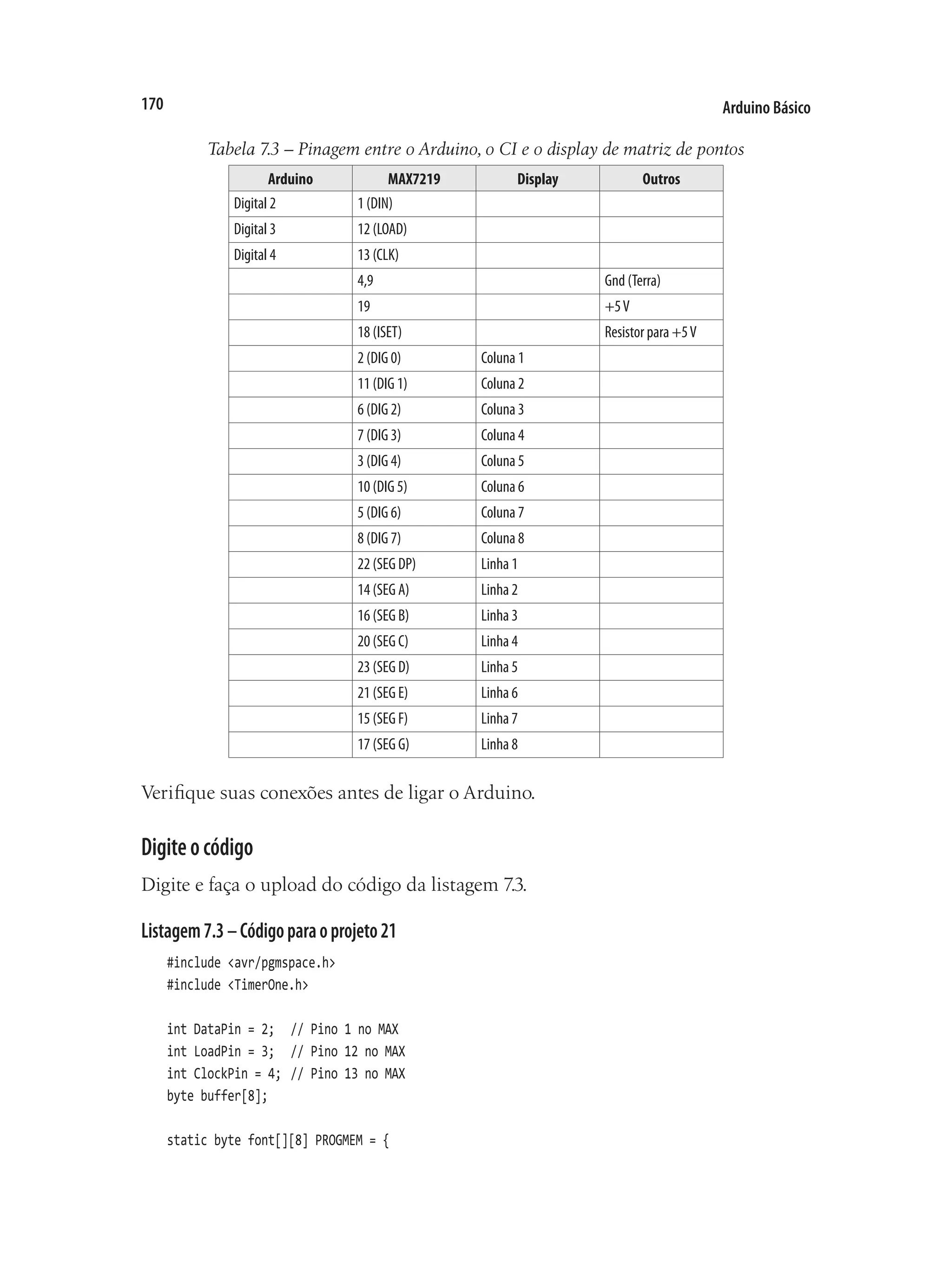Arduino Básico
170
Tabela 7.3 – Pinagem entre o Arduino, o CI e o display de matriz de pontos
Arduino MAX7219 Display Outros
Digital 2 1 (DIN)
Digital 3 12 (LOAD)
Digital 4 13 (CLK)
4,9 Gnd (Terra)
19 +5V
18 (ISET) Resistor para +5V
2 (DIG 0) Coluna 1
11 (DIG 1) Coluna 2
6 (DIG 2) Coluna 3
7 (DIG 3) Coluna 4
3 (DIG 4) Coluna 5
10 (DIG 5) Coluna 6
5 (DIG 6) Coluna 7
8 (DIG 7) Coluna 8
22 (SEG DP) Linha 1
14 (SEG A) Linha 2
16 (SEG B) Linha 3
20 (SEG C) Linha 4
23 (SEG D) Linha 5
21 (SEG E) Linha 6
15 (SEG F) Linha 7
17 (SEG G) Linha 8
Verifique suas conexões antes de ligar o Arduino.
Digiteocódigo
Digite e faça o upload do código da listagem 7.3.
Listagem7.3–Códigoparaoprojeto21
#include <avr/pgmspace.h>
#include <TimerOne.h>
int DataPin = 2;		 // Pino 1 no MAX
int LoadPin = 3;		 // Pino 12 no MAX
int ClockPin = 4;	// Pino 13 no MAX
byte buffer[8];
static byte font[][8] PROGMEM = {
 