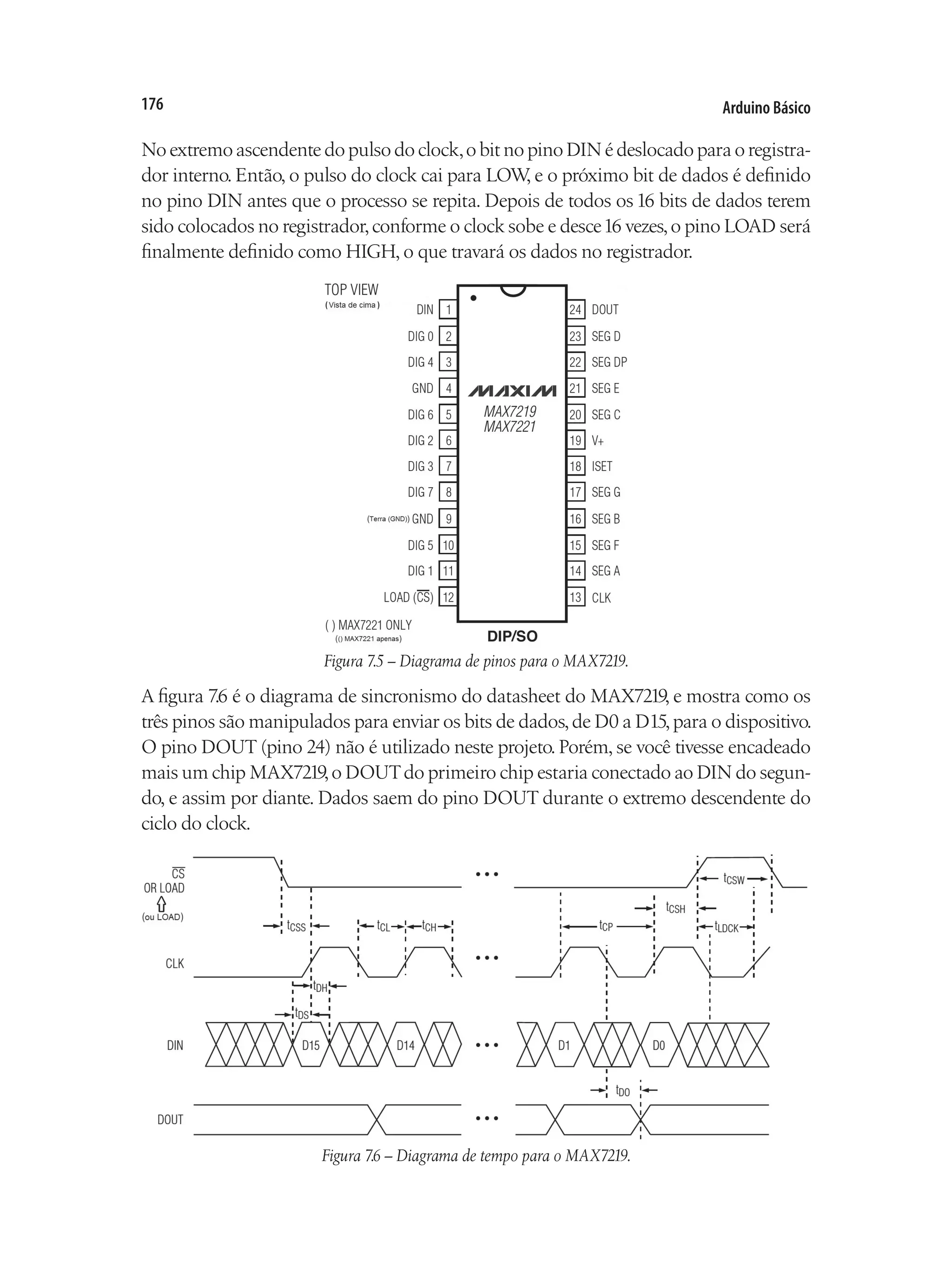 Arduino Básico
176
No extremo ascendente do pulso do clock,o bit no pino DIN é deslocado para o registra-
dor interno. Então, o pulso do clock cai para LOW
, e o próximo bit de dados é definido
no pino DIN antes que o processo se repita. Depois de todos os 16 bits de dados terem
sido colocados no registrador,conforme o clock sobe e desce16 vezes,o pino LOAD será
finalmente definido como HIGH, o que travará os dados no registrador.
Figura 7.5 – Diagrama de pinos para o MAX7219.
A figura 7.6 é o diagrama de sincronismo do datasheet do MAX7219, e mostra como os
três pinos são manipulados para enviar os bits de dados,de D0 a D15,para o dispositivo.
O pino DOUT (pino 24) não é utilizado neste projeto. Porém, se você tivesse encadeado
mais um chip MAX7219,o DOUTdo primeiro chip estaria conectado ao DIN do segun-
do, e assim por diante. Dados saem do pino DOUT durante o extremo descendente do
ciclo do clock.
Figura 7.6 – Diagrama de tempo para o MAX7219.
 