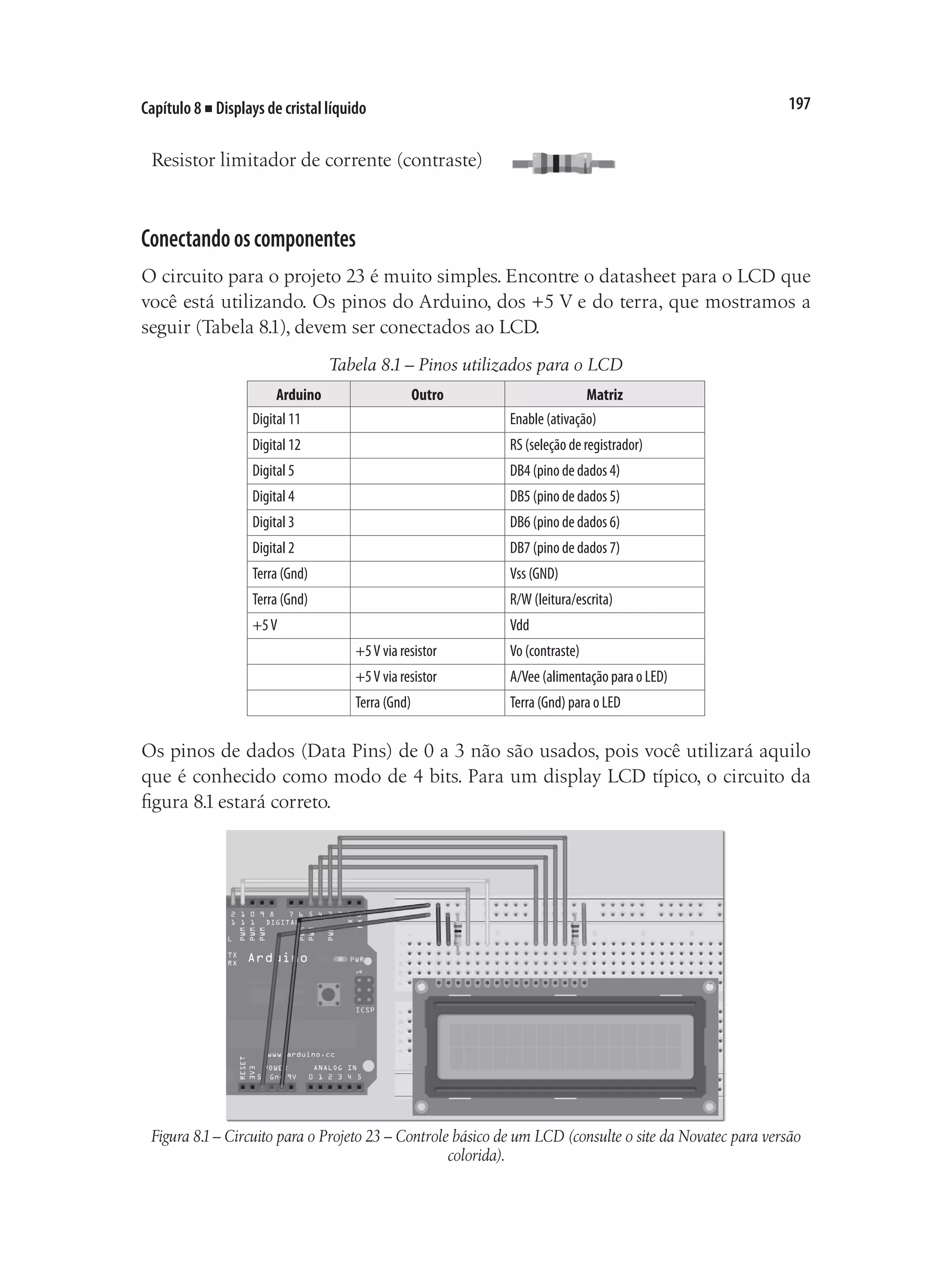 197
Capítulo 8 ■ Displays de cristal líquido
Resistor limitador de corrente (contraste)
Conectandooscomponentes
O circuito para o projeto 23 é muito simples. Encontre o datasheet para o LCD que
você está utilizando. Os pinos do Arduino, dos +5 V e do terra, que mostramos a
seguir (Tabela 8.1), devem ser conectados ao LCD.
Tabela 8.1 – Pinos utilizados para o LCD
Arduino Outro Matriz
Digital 11 Enable (ativação)
Digital 12 RS (seleção de registrador)
Digital 5 DB4 (pino de dados 4)
Digital 4 DB5 (pino de dados 5)
Digital 3 DB6 (pino de dados 6)
Digital 2 DB7 (pino de dados 7)
Terra (Gnd) Vss (GND)
Terra (Gnd) R/W (leitura/escrita)
+5V Vdd
+5V via resistor Vo (contraste)
+5V via resistor A/Vee (alimentação para o LED)
Terra (Gnd) Terra (Gnd) para o LED
Os pinos de dados (Data Pins) de 0 a 3 não são usados, pois você utilizará aquilo
que é conhecido como modo de 4 bits. Para um display LCD típico, o circuito da
figura 8.1 estará correto.
Figura 8.1– Circuito para o Projeto 23 – Controle básico de um LCD (consulte o site da Novatec para versão
colorida).
 