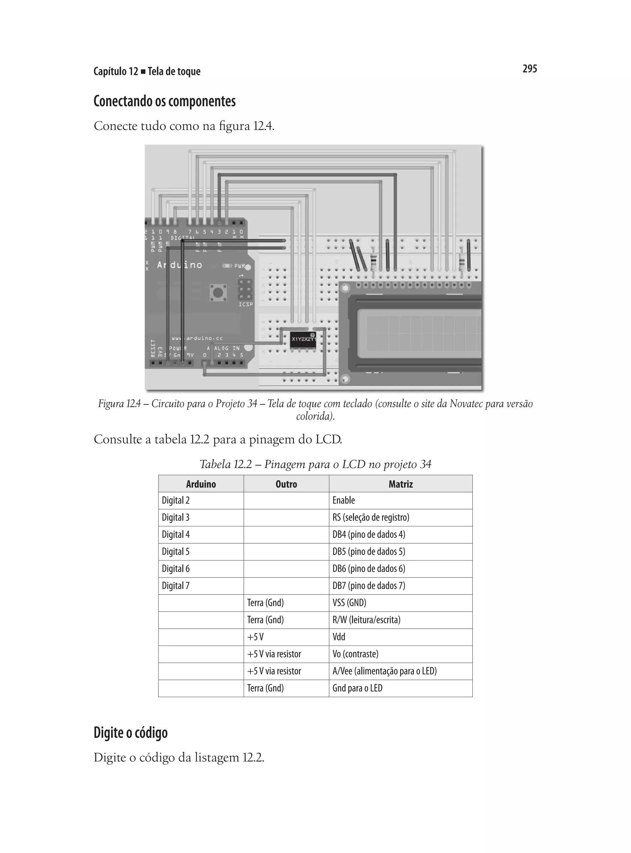 295
Capítulo 12 ■ Tela de toque
Conectandooscomponentes
Conecte tudo como na figura 12.4.
Figura12.4 – Circuito para o Projeto 34 – Tela de toque com teclado (consulte o site da Novatec para versão
colorida).
Consulte a tabela 12.2 para a pinagem do LCD.
Tabela 12.2 – Pinagem para o LCD no projeto 34
Arduino Outro Matriz
Digital 2 Enable
Digital 3 RS (seleção de registro)
Digital 4 DB4 (pino de dados 4)
Digital 5 DB5 (pino de dados 5)
Digital 6 DB6 (pino de dados 6)
Digital 7 DB7 (pino de dados 7)
Terra (Gnd) VSS (GND)
Terra (Gnd) R/W (leitura/escrita)
+5V Vdd
+5V via resistor Vo (contraste)
+5V via resistor A/Vee (alimentação para o LED)
Terra (Gnd) Gnd para o LED
Digiteocódigo
Digite o código da listagem 12.2.
 