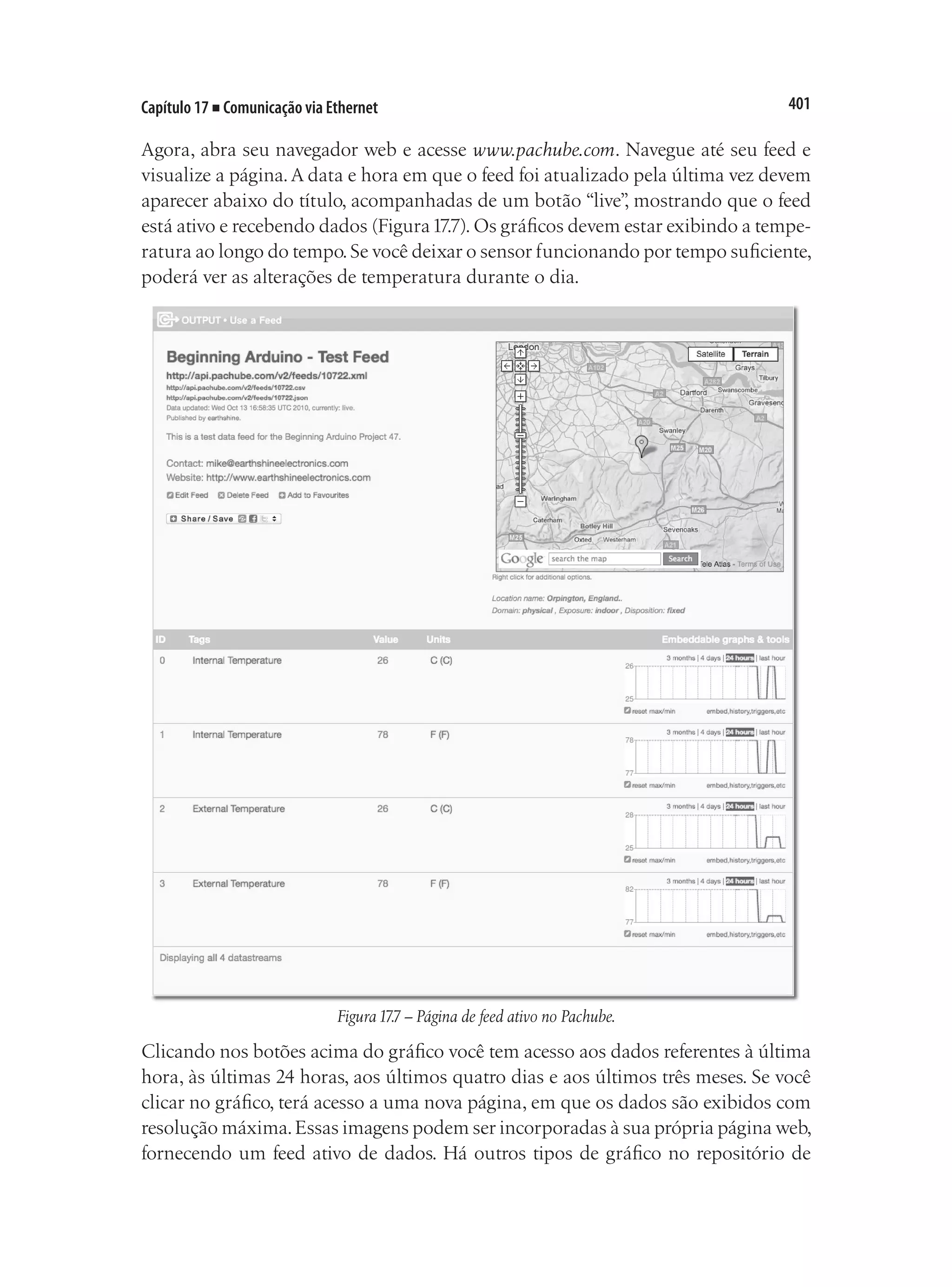 401
Capítulo 17 ■ Comunicação via Ethernet
Agora, abra seu navegador web e acesse www.pachube.com. Navegue até seu feed e
visualize a página.A data e hora em que o feed foi atualizado pela última vez devem
aparecer abaixo do título, acompanhadas de um botão “live”
, mostrando que o feed
está ativo e recebendo dados (Figura17.7).Os gráficos devem estar exibindo a tempe-
ratura ao longo do tempo.Se você deixar o sensor funcionando por tempo suficiente,
poderá ver as alterações de temperatura durante o dia.
Figura17.7 – Página de feed ativo no Pachube.
Clicando nos botões acima do gráfico você tem acesso aos dados referentes à última
hora, às últimas 24 horas, aos últimos quatro dias e aos últimos três meses. Se você
clicar no gráfico, terá acesso a uma nova página, em que os dados são exibidos com
resolução máxima.Essas imagens podem ser incorporadas à sua própria página web,
fornecendo um feed ativo de dados. Há outros tipos de gráfico no repositório de
 