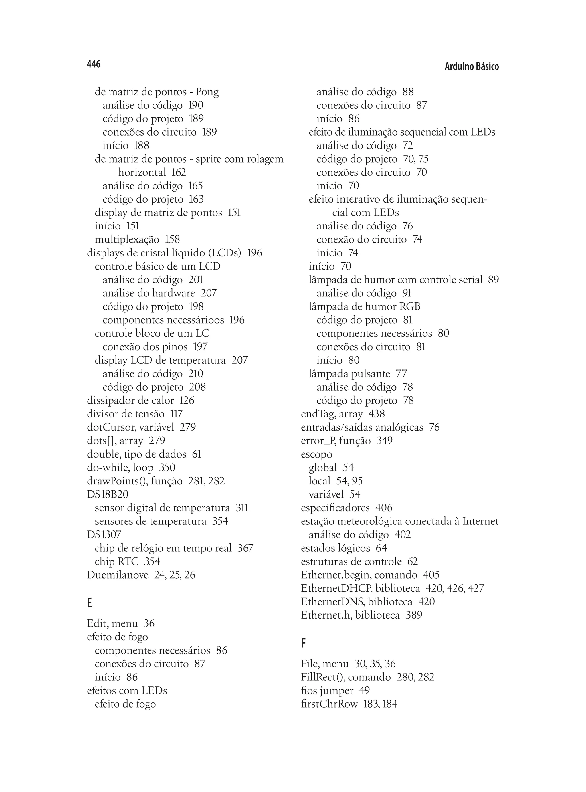 Arduino Básico
446
de matriz de pontos - Pong
análise do código 190
código do projeto 189
conexões do circuito 189
início 188
de matriz de pontos - sprite com rolagem
horizontal 162
análise do código 165
código do projeto 163
display de matriz de pontos 151
início 151
multiplexação 158
displays de cristal líquido (LCDs) 196
controle básico de um LCD
análise do código 201
análise do hardware 207
código do projeto 198
componentes necessárioos 196
controle bloco de um LC
conexão dos pinos 197
display LCD de temperatura 207
análise do código 210
código do projeto 208
dissipador de calor 126
divisor de tensão 117
dotCursor, variável 279
dots[], array 279
double, tipo de dados 61
do-while, loop 350
drawPoints(), função 281, 282
DS18B20
sensor digital de temperatura 311
sensores de temperatura 354
DS1307
chip de relógio em tempo real 367
chip RTC 354
Duemilanove 24, 25, 26
E
Edit, menu 36
efeito de fogo
componentes necessários 86
conexões do circuito 87
início 86
efeitos com LEDs
efeito de fogo
análise do código 88
conexões do circuito 87
início 86
efeito de iluminação sequencial com LEDs
análise do código 72
código do projeto 70, 75
conexões do circuito 70
início 70
efeito interativo de iluminação sequen-
cial com LEDs
análise do código 76
conexão do circuito 74
início 74
início 70
lâmpada de humor com controle serial 89
análise do código 91
lâmpada de humor RGB
código do projeto 81
componentes necessários 80
conexões do circuito 81
início 80
lâmpada pulsante 77
análise do código 78
código do projeto 78
endTag, array 438
entradas/saídas analógicas 76
error_P, função 349
escopo
global 54
local 54, 95
variável 54
especificadores 406
estação meteorológica conectada à Internet
análise do código 402
estados lógicos 64
estruturas de controle 62
Ethernet.begin, comando 405
EthernetDHCP, biblioteca 420, 426, 427
EthernetDNS, biblioteca 420
Ethernet.h, biblioteca 389
F
File, menu 30, 35, 36
FillRect(), comando 280, 282
fios jumper 49
firstChrRow 183,184
 