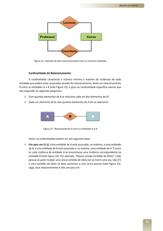 Banco de Dados




             Figura 12 - Exemplo de dois relacionamentos entre as mesmas entidades




        Cardinalidade do Relacionamento

        A cardinalidade caracteriza o número mínimo e máximo de instâncias de cada
entidade que podem estar associadas através do relacionamento. Dado um relacionamento
R entre as entidades A e B (vide Figura 13), o grau ou cardinalidade especifica valores que
vão responder às seguintes perguntas:

    1. Com quantos elementos de B se relaciona cada um dos elementos de A?
    2. Dado um elemento de B, com quantos elementos de A ele se relaciona?




                     Figura 13 - Relacionamento R entre as entidades A e B



        Assim, as cardinalidades podem ser dos seguintes tipos:

    »   Um para um (1:1): Uma entidade de A está associada, no máximo, a uma entidade
        de B, e uma entidade de B está associada a, no máximo, uma entidade de A. É como
        se cada instância da entidade A só encontrasse uma instância correspondente na
        entidade B (vide Figura 14). Por exemplo, “Pessoa recebe Certidão de Óbito”. Cada
        pessoa só pode receber uma única certidão de óbito (só se morre uma vez, não é?)
        e uma certidão de óbito só deve pertencer a uma única pessoa (vide Figura 15).
        Logo, esse relacionamento é dito um para um.




                                                                                                          17
 