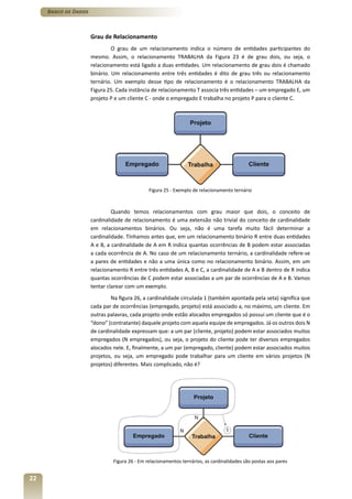 Banco de Dados



                      Grau de Relacionamento
                               O grau de um relacionamento indica o número de entidades participantes do
                      mesmo. Assim, o relacionamento TRABALHA da Figura 23 é de grau dois, ou seja, o
                      relacionamento está ligado a duas entidades. Um relacionamento de grau dois é chamado
                      binário. Um relacionamento entre três entidades é dito de grau três ou relacionamento
                      ternário. Um exemplo desse tipo de relacionamento é o relacionamento TRABALHA da
                      Figura 25. Cada instância de relacionamento T associa três entidades – um empregado E, um
                      projeto P e um cliente C - onde o empregado E trabalha no projeto P para o cliente C.




                                               Figura 25 - Exemplo de relacionamento ternário



                               Quando temos relacionamentos com grau maior que dois, o conceito de
                      cardinalidade de relacionamento é uma extensão não trivial do conceito de cardinalidade
                      em relacionamentos binários. Ou seja, não é uma tarefa muito fácil determinar a
                      cardinalidade. Tínhamos antes que, em um relacionamento binário R entre duas entidades
                      A e B, a cardinalidade de A em R indica quantas ocorrências de B podem estar associadas
                      a cada ocorrência de A. No caso de um relacionamento ternário, a cardinalidade refere-se
                      a pares de entidades e não a uma única como no relacionamento binário. Assim, em um
                      relacionamento R entre três entidades A, B e C, a cardinalidade de A e B dentro de R indica
                      quantas ocorrências de C podem estar associadas a um par de ocorrências de A e B. Vamos
                      tentar clarear com um exemplo.
                              Na figura 26, a cardinalidade circulada 1 (também apontada pela seta) significa que
                      cada par de ocorrências (empregado, projeto) está associado a, no máximo, um cliente. Em
                      outras palavras, cada projeto onde estão alocados empregados só possui um cliente que é o
                      “dono” (contratante) daquele projeto com aquela equipe de empregados. Já os outros dois N
                      de cardinalidade expressam que: a um par (cliente, projeto) podem estar associados muitos
                      empregados (N empregados), ou seja, o projeto do cliente pode ter diversos empregados
                      alocados nele. E, finalmente, a um par (empregado, cliente) podem estar associados muitos
                      projetos, ou seja, um empregado pode trabalhar para um cliente em vários projetos (N
                      projetos) diferentes. Mais complicado, não é?




                               Figura 26 - Em relacionamentos ternários, as cardinalidades são postas aos pares


22
 