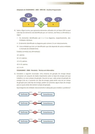 Banco de Dados



   Adaptado de CESGRANRIO - 2005 - MPE-RO - Analista Programador




4) Sobre a figura acima, que apresenta elementos utilizados em um típico DER na qual
   cada tipo de elemento está identificado por um número, são feitas as afirmativas a
   seguir.
    I - Os elementos identificados por 1 e 3 no diagrama, respectivamente, são:
        Entidade e Atributo.
    II - O elemento identificado no diagrama pelo número 2 é um relacionamento.
    III – Uma entidade que tem um identificador que não depende de outras entidades
          é chamado de entidade forte.
   Está(ão) correta(s) a(s) afirmativa(s):

    a) I, apenas.
    b) I e II, apenas.
    c) I e III, apenas.
    d) II e III, apenas.
    e) I, II e III.
   CESGRANRIO - 2008 - Petrobrás - Técnico em Informática

5) Considere o seguinte enunciado: Uma empresa de geração de energia deseja
   armazenar um conjunto de dados importantes sobre os tipos de energia com que
   trabalha e os seus campos de geração. Assume-se que: cada campo de geração de
   energia é de um, e somente um, tipo de energia; pode existir mais de um campo
   de geração para cada tipo de energia; podem ser previstos alguns tipos de energia
   para os quais ainda não existem campos de geração.
   Qual diagrama de entidade relacionamento é adequado para modelar o problema?




                                                                                                    37
 