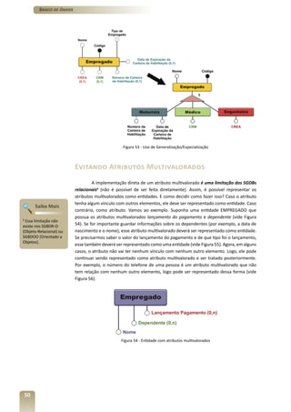 Banco de Dados




                                                  Figura 53 - Uso de Generalização/Especialização



                           Evitando Atributos Multivalorados
                                    A implementação direta de um atributo multivalorado é uma limitação dos SGDBs
                           relacionais6 (não é possível de ser feita diretamente). Assim, é possível representar os
                           atributos multivalorados como entidades. E como decidir como fazer isso? Caso o atributo
                           tenha algum vínculo com outros elementos, ele deve ser representado como entidade. Caso
         Saiba Mais
                           contrário, como atributo. Vamos ao exemplo. Suponha uma entidade EMPREGADO que
                           possua os atributos multivalorados lançamento do pagamento e dependente (vide Figura
6
 Essa limitação não
existe nos SGBDR-O
                           54). Se for importante guardar informações sobre os dependentes (por exemplo, a data de
(Objeto-Relacional) ou     nascimento e o nome), esse atributo multivalorado deverá ser representado como entidade.
SGBDOO (Orientado a        Se precisarmos saber o valor do lançamento do pagamento e de que tipo foi o lançamento,
Objetos).
                           esse também deverá ser representado como uma entidade (vide Figura 55). Agora, em alguns
                           casos, o atributo não vai ter nenhum vínculo com nenhum outro elemento. Logo, ele pode
                           continuar sendo representado como atributo multivalorado e ser tratado posteriormente.
                           Por exemplo, o número do telefone de uma pessoa é um atributo multivalorado que não
                           tem relação com nenhum outro elemento, logo pode ser representado dessa forma (vide
                           Figura 56).




                                                 Figura 54 - Entidade com atributos multivalorados




    50
 