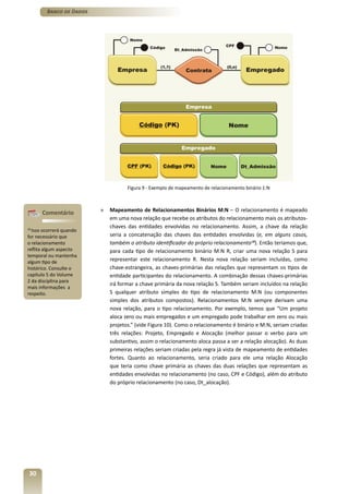 Banco de Dados




                                    Figura 9 - Exemplo de mapeamento de relacionamento binário 1:N



      Comentário         »   Mapeamento de Relacionamentos Binários M:N – O relacionamento é mapeado
                             em uma nova relação que recebe os atributos do relacionamento mais os atributos-
                             chaves das entidades envolvidas no relacionamento. Assim, a chave da relação
10
  Isso ocorrerá quando
for necessário que           seria a concatenação das chaves das entidades envolvidas (e, em alguns casos,
o relacionamento             também o atributo identificador do próprio relacionamento10). Então teríamos que,
reflita algum aspecto        para cada tipo de relacionamento binário M:N R, criar uma nova relação S para
temporal ou mantenha
algum tipo de                representar este relacionamento R. Nesta nova relação seriam incluídas, como
histórico. Consulte o        chave-estrangeira, as chaves-primárias das relações que representam os tipos de
capítulo 5 do Volume         entidade participantes do relacionamento. A combinação dessas chaves-primárias
2 da disciplina para
                             irá formar a chave primária da nova relação S. Também seriam incluídos na relação
mais informações a
respeito.                    S qualquer atributo simples do tipo de relacionamento M:N (ou componentes
                             simples dos atributos compostos). Relacionamentos M:N sempre derivam uma
                             nova relação, para o tipo relacionamento. Por exemplo, temos que “Um projeto
                             aloca zero ou mais empregados e um empregado pode trabalhar em zero ou mais
                             projetos.” (vide Figura 10). Como o relacionamento é binário e M:N, seriam criadas
                             três relações: Projeto, Empregado e Alocação (melhor passar o verbo para um
                             substantivo, assim o relacionamento aloca passa a ser a relação alocação). As duas
                             primeiras relações seriam criadas pela regra já vista de mapeamento de entidades
                             fortes. Quanto ao relacionamento, seria criado para ele uma relação Alocação
                             que teria como chave primária as chaves das duas relações que representam as
                             entidades envolvidas no relacionamento (no caso, CPF e Código), além do atributo
                             do próprio relacionamento (no caso, Dt_alocação).




 30
 