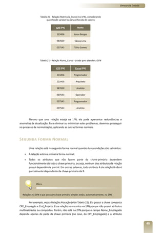 Banco de Dados



                  Tabela 20 - Relação Matricula_Aluno (na 1FN), considerando
                        quantidade variável ou desconhecida de valores


                                 CPF (PK)            Nome

                                  123456          Jonas Borges

                                  987659           Cássia Lima

                                  007543          Túlio Gomes




                  Tabela 21 - Relação Aluno_Curso – criada para atender a 1FN


                                 CPF (PK)          Curso (PK)

                                  123456          Programador

                                  123456            Arquiteto

                                  987659             Analista

                                  007543            Operador

                                  007543          Programador

                                  007543             Analista



        Mesmo que uma relação esteja na 1FN, ela pode apresentar redundâncias e
anomalias de atualização. Para eliminar ou minimizar estes problemas, devemos prosseguir
no processo de normalização, aplicando as outras formas normais.



Segunda Forma Normal
        Uma relação está na segunda forma normal quando duas condições são satisfeitas:

    »   A relação está na primeira forma normal;
    »   Todos os atributos que não fazem parte da chave-primária dependem
        funcionalmente de toda a chave primária, ou seja, nenhum dos atributos da relação
        possui dependência parcial. Em outras palavras, todo atributo A da relação R não é
        parcialmente dependente da chave-primária de R.



              Dica


  Relações na 1FN e que possuam chave primária simples estão, automaticamente, na 2FN.


        Por exemplo, veja a Relação Alocação (vide Tabela 22). Ela possui a chave composta
CPF_Empregdo e Cod_Projeto. Essa relação se encontra na 1FN porque não possui atributos
multivalorados ou compostos. Porém, não está na 2FN porque o campo Nome_Empregado
depende apenas de parte da chave primária (no caso, do CPF_Empregado) e o atributo


                                                                                                          49
 