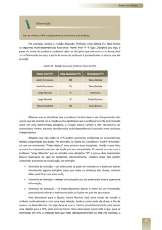 Banco de Dados




                Observação


   Para se verificar a 4FN a relação deve ter, no mínimo, três atributos.


         Por exemplo, analise a relação Alocação_Professor (vide Tabela 35). Nela temos
as seguintes multi-dependências funcionais: Nome_Prof → → Sigla_Disciplina (ou seja, a
partir do nome do professor podemos saber as disciplina que ele ministra) e Nome_Prof
→ → Orientando (ou seja, a partir do nome do professor é possível saber os alunos que ele
orienta).

                        Tabela 35 - Relação Alocação_Professor (fora da 4FN)


                 Nome_Prof (PK)          Sigla_Disciplina (PK)       Orientando (PK)

                André Fernandes                    BD                  Tadeu Batista

                André Fernandes                    ES                  Tadeu Batista

                  Jorge Macedo                     IP                       Otto Melo

                  Jorge Macedo                     IP                 Paulo Gouveia

                 Márcia Gadelha                    SO                  Jonas Bastos



        Observe que as disciplinas que o professor leciona devem ser independentes dos
alunos que ele orienta. Se a relação acima significasse que o professor orienta determinado
aluno em uma determinada disciplina, a relação estaria correta e não necessitaria ser
normalizada. Porém, estamos considerando multi-dependências funcionais entre atributos
independentes.
        Relações que não estão na 4FN podem apresentar problemas de inconsistências
devido à duplicidade dos dados. Por exemplo, na Tabela 35, o professor “André Fernandes”
só tem um orientando “Tadeu Batista”, mas ministra duas disciplinas. Devido a esse fato,
o nome do orientando precisou ser duplicado sem necessidade. O mesmo ocorreu com o
professor “Jorge Macedo” que só ministra uma disciplina “IP” e possui dois orientandos
(houve duplicação da sigla da disciplina). Adicionalmente, relações desse tipo podem
apresentar anomalias de atualização, por exemplo:

    »   Anomalia de inserção – um orientando só pode ser inserido se o professor estiver
        ministrando alguma disicplina (veja que todos os atributos são chaves, nenhum
        deles pode ficar com valor null);
    »   Anomalia de remoção – deletar uma disciplina ou um orientando levaria a perda de
        informação;
    »   Anomalia de alteração – se necessitássemos alterar o nome de um orientando,
        precisaríamos alterar o mesmo em todas as tuplas em que ele aparecesse.
        Para Normalizar para a Quarta Forma Normal, você deve retirar da relação o
atributo multi-valorado e criar uma nova relação, tendo-o como parte da chave, a fim de
separar as dependências. Ou seja, deve-se usar o mesmo procedimento feito para passar
uma relação para a 1FN, visto anteriormente. Uma observação importante é que, para se
normalizar em 4FN, a entidade tem que estar (obrigatoriamente) na 3FN. Por exemplo, a

                                                                                                          57
 