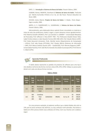 Banco de Dados



                                DATE, C. J. Introdução a Sistemas de Banco de Dados. Elsevier Editora, 2004.
                                ELMASRI, Ramez; NAVATHE, Shamkant B. Sistemas de banco de dados. Traduzido
                                por: Marilia Guimarães Pinheiro et al. 4a. ed. São Paulo: Pearson Education do
                                Brasil, 2005.
                                HEUSER, Carlos Alberto. Projeto de Banco de Dados. 3. Edição., Porto Alegre :
                                Sagra-Luzzatto, 2004.
                                KORTH, H. F.; SILBERSCHATZ, A.; SUDARSHAN, S. Sistema de Banco de Dados.
                                Elsevier Editora, 2006.
                               Adicionalmente, para elaboração desse capítulo foram consultados os materiais e
                      notas de aulas dos professores citados a seguir, a quem deixamos nossos agradecimentos:
                      Prof. Roberto Schaefer (FACNET), Prof. Luiz Camolesi Jr. (UNIMEP – Universidade Metodista
                      de Piracicaba), Prof. Jefferson S. Silva (CEFET- PHB – PI), Professores Osvaldo Kotaro Takai,
                      Isabel Cristina Italiano e João Eduardo Ferreira (DCC-IME-USP), Prof. Cláudio Márcio (UNP),
                      Prof. Clodis Boscarioli (Unioeste), Profa. Marilde Santos (Departamento de Computação
                      – UFSCar), Prof. João Araújo (FCT/UNL), Prof. Cláudio Márcio (Sistemas de Informação
                      – UNP), Prof. Márcio Antônio Duarte (UFG – Catalão/GO), Prof. Marcelo Nogueira (UNIP -
                      Universidade Paulista), Prof. João Murilo Azevedo (Faculdade Guararapes/PE) e Prof. Brenno
                      E. Albert (UFRJ).




                                     Aprenda Praticando


                               A tabela abaixo representa os pedidos de produtos de software para uma loja e
                      não obedece nenhuma das formas normais vistas (1FN, 2FN e 3FN). Indique os passos para
                      deixá-la em cada uma dessas formas normais.

                                                             TABELA_PEDIDO


                       Num_        Cod_
                                                                           Nm_        Endereço_           Preço_
                       Pedido      Prod      Nm_Prod         Data                                   Qtd
                                                                        Fornecedor     Fornec              Total
                        (PK)        (PK)


                                    001     Photoshop                                               02    500,00
                         111        002      Coreldraw    10/02/2010     InfoSoft     R. Flor, 25   03    350,00
                                    003        Flash                                                02    100,00

                                    002      Coreldraw                                              03    350,00
                         222        003        Flash      23/03/2010      BRSofts     Av. Itu, 33   05    100,00
                                    005        ABC                                                  10    200,00



                              Em uma primeira avaliação, já podemos verificar que a tabela Pedido não está na
                      1FN, pois há vários atributos não atômicos, ou seja, atributos multi-valorados. Para deixar a
                      tabela em 1FN é preciso dividir esses atributos em linhas. Com isso, ficamos com a tabela a
                      seguir.




62
 