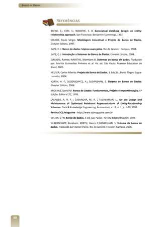 Banco de Dados




                           Referências

                      BATINI, C.; CERI, S.; NAVATHE, S. B. Conceptual database design: an entity-
                      relationship approach. San Francisco: Benjamim Cummings, 1992.
                      COUGO, Paulo Sérgio. Modelagem Conceitual e Projeto de Banco de Dados.
                      Elsevier Editora, 1997.
                      DATE, C. J. Banco de dados: tópicos avançados. Rio de Janeiro : Campus, 1988.
                      DATE, C. J. Introdução a Sistemas de Banco de Dados. Elsevier Editora, 2004.
                      ELMASRI, Ramez; NAVATHE, Shamkant B. Sistemas de banco de dados. Traduzido
                      por: Marilia Guimarães Pinheiro et al. 4a. ed. São Paulo: Pearson Education do
                      Brasil, 2005.
                      HEUSER, Carlos Alberto. Projeto de Banco de Dados. 3. Edição., Porto Alegre: Sagra-
                      Luzzatto, 2004.
                      KORTH, H. F.; SILBERSCHATZ, A.; SUDARSHAN, S. Sistema de Banco de Dados:
                      Elsevier Editora, 2006.
                      KROENKE, David M. Banco de Dados: Fundamentos, Projeto e Implementação. 6ª
                      Edição: Editora LTC, 1999.
                      LAENDER, A. H. F. ; CASANOVA, M. A. ; TUCHERMAN, L.. On the Design and
                      Maintenance of Optimized Relational Representations of Entity-Relationship
                      Schemas. Data & Knowledge Engineering, Amsterdam, v. 11, n. 1, p. 1-20, 1993
                      Revista SQL Magazine - http://www.sqlmagazine.com.br
                      SETZER, V. W. Banco de dados. 3.ed. São Paulo : Revista Edgard Blucher, 1989.
                      SILBERSCHATZ, Abraham; KORTH, Henry F;SUDARSHAN, S. Sistema de banco de
                      dados. Traduzido por Daniel Vieira. Rio de Janeiro: Elsevier; Campus, 2006.




68
 