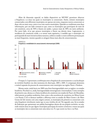 560
Brasil em Desenvolvimento: Estado, Planejamento e Políticas Públicas
Além da dimensão espacial, os dados disponíveis na MUNIC permitem observar
a frequência e as áreas nas quais os municípios se consorciam. Assim, existem municípios
consorciados com diferentes municípios em apenas um tema, enquanto outros consorciam-se
duas, três ou mais vezes, entre si ou com outros municípios. Quando se combinam estas duas
informações, por um lado constata-se que, entre os municípios que participam de mais de
um consórcio, cerca de 50% o fazem em saúde, e pouco mais de 30% em meio ambiente.
Por outro lado, vê-se que poucos municípios o fazem nas demais áreas. Logicamente, a
incidência de consórcios tende a se tornar mais equitativa, à medida que o município vai
participandodemaisiniciativasdestanatureza,emboraasaúdeeomeioambientepermaneçam
as mais frequentes, mesmo quando se atingem faixas mais altas de consorciamento.
Gráfico 6
Frequência e modalidade de consorciamento intermunicipal (2009)
Fonte: IBGE (2009).
O mapas 2 e 3 apresentam a combinação entre a frequência do consorciamento e a sua localização
no território brasileiro nos dois momentos de observação, 2005 e 2009. A comparação demonstra
a notável expansão do processo de consorciamento entre municípios nas regiões Norte e Nordeste.
Mesmo assim, ainda havia em 2009 uma forte heterogeneidade entre as regiões e os estados
brasileiros. Percebem-se, ainda, heterogeneidades intrarregionais e interestaduais. Como exemplos
do primeiro caso, destaca-se a baixa incidência de consórcios nos estados do Piauí e do Maranhão,
relativamente ao padrão nordestino, bem como a alta ocorrência de consórcios em Minas Gerais
e no Paraná. É de se destacar também a diferença entre os estados do Mato Grosso e do Mato
Grosso do Sul: mesmo com uma origem comum, os municípios do primeiro se consorciam com
uma frequência visivelmente maior que os seus vizinhos do sul. No segundo caso, há os estados
da Federação que apresentam um padrão heterogêneo dentro do seu próprio território, ou seja,
onde existem áreas em que alguns municípios participam de muitos consórcios e outras nas quais
os municípios não se consorciam nem uma única vez. É o que ocorre no Acre e no Pará.
 