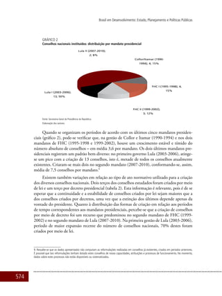 574
Brasil em Desenvolvimento: Estado, Planejamento e Políticas Públicas
GRÁFICO 2
Conselhos nacionais instituídos: distribuição por mandato presidencial
Fonte: Secretaria-Geral da Presidência da República.
Elaboração dos autores.
Quando se organizam os períodos de acordo com os últimos cinco mandatos presiden-
ciais (gráfico 2), pode-se verificar que, na gestão de Collor e Itamar (1990-1994) e nos dois
mandatos de FHC (1995-1998 e 1999-2002), houve um crescimento estável e tímido do
número absoluto de conselhos – em média 3,6 por mandato. Os dois últimos mandatos pre-
sidenciais registram um padrão bem diverso: no primeiro governo Lula (2003-2006), atinge-
se um pico com a criação de 13 conselhos, isto é, metade de todos os conselhos atualmente
existentes. Criaram-se mais dois no segundo mandato (2007-2010), conformando-se, assim,
média de 7,5 conselhos por mandato.9
Existem também variações em relação ao tipo de ato normativo utilizado para a criação
dos diversos conselhos nacionais. Dois terços dos conselhos estudados foram criados por meio
de lei e um terço por decreto presidencial (tabela 2). Esta informação é relevante, pois é de se
esperar que a continuidade e a estabilidade de conselhos criados por lei sejam maiores que a
dos conselhos criados por decretos, uma vez que a extinção dos últimos depende apenas da
vontade do presidente. Quanto à distribuição das formas de criação em relação aos períodos
de tempo correspondentes aos mandatos presidenciais, percebe-se que a criação de conselhos
por meio de decreto foi um recurso que predominou no segundo mandato de FHC (1999-
2002) e no segundo mandato de Lula (2007-2010). Na primeira gestão de Lula (2003-2006),
período de maior expansão recente do número de conselhos nacionais, 70% destes foram
criados por meio de lei.
9. Ressalte-se que os dados apresentados não computam as reformulações realizadas em conselhos já existentes, criados em períodos anteriores.
É possível que tais reformulações tenham dotado estes conselhos de novas capacidades, atribuições e processos de funcionamento. No momento,
dados sobre estes processos não estão disponíveis ou sistematizados.
 