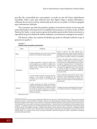 612
Brasil em Desenvolvimento: Estado, Planejamento e Políticas Públicas
para lhes dar continuidade por conta própria, na escala em que elas foram originalmente
concebidas. Assim é que, para sobreviver por mais algum tempo, o projeto demandará a
celebração de um novo convênio, submetendo mais uma vez os estados e a União aos gargalos
aqui sumariamente indicados.
Vê-se, portanto, que além de prejudicar qualquer investimento maciço no setor que não
esteja relacionado à construção de novos estabelecimentos penais e, em menor escala, ao Plano
Nacional de Saúde, o atual contexto gerencial da política penitenciária limita severamente a
capacidade do governo federal de induzir mudanças e investimentos estratégicos nos estados.9
Daí decorre, enfim, um conjunto de desafios que pode ser esboçado conforme o que se
apresenta no quadro 1.
Quadro 1
Desafios atuais da política penitenciária
Níveis Problemas Desafios
Político
O sistema penitenciário não é visto como um elemento
importante na promoção da segurança pública.
Construir e enunciar uma visão sistêmica para a
segurança pública, que articule prevenção, repressão e
reintegração social de apenados e egressos como pontos
de um contínuo no combate à violência e à criminalidade.
Programático
A política penitenciária é incapaz de produzir solu-
ções abrangentes, que respondam às exigências do
arcabouço jurídico-político, o qual, ao menos em tese,
deveria orientar a atuação do poder público e da
sociedade no setor.
Construir uma agenda ampla e articulada com outros
ministérios e outros níveis de governo, associando a
construção de novos estabelecimentos penais e a oferta
de vagas de “segurança máxima”, hoje hegemônicas,
com: i) a realização de direitos humanos; ii) a criação de
mecanismos de reintegração social; e iii) a estruturação
de sistemas de PMAs e de medidas de segurança
pautados pela qualidade na gestão destas modalidades
de sanção criminal.
As poucas soluções produzidas na execução de penas
privativas e não privativas de liberdade não são
articuladas umas às outras e a uma estratégia geral
para o setor.
Investir em elementos estruturantes de um bom sistema
penitenciário, como o planejamento territorial, a cons-
trução de um sistema de informações e a indução a uma
política de recursos humanos em nível nacional para a
execução penal.
Gerencial
A política penitenciária não dispõe de mecanismos
adequados de planejamento, financiamento e indução
de iniciativas transformadoras da realidade estrutural
da execução das sanções criminais, quer as privativas,
quer as não privativas de liberdade, quer ainda as
medidas de segurança.
Consolidar mecanismos de planejamento, financiamen-
to e indução de mudanças na realidade dos estados.
Elaboração dos autores.
9. Parte disso decorre de uma estrutura ainda inadequada do Depen/MJ, que figura da Lei de Execução Penal como o “órgão executivo da política
penitenciária nacional”. A política de PMAs, por exemplo, é gerida por uma coordenação-geral na Diretoria de Políticas Penitenciárias dotada de
baixíssimo contingente humano, embora, como se mencionou, o quantitativo afetado por esta política seja tão expressivo quanto o das penas priva-
tivas de liberdade. Por sua vez, a política nacional para o pessoal penitenciário – envolvendo temas como capacitação e carreira de agentes, técnicos
e dirigentes – é atualmente gerida por uma coordenação-geral que, além de contar com recursos humanos insuficientes, ainda acumula a gestão
de todas as políticas sociais voltadas a apenados – educação, saúde, trabalho, renda etc. Além disso, deve-se acrescentar a instabilidade verificada
na gestão da política. Entre 2003 e 2010, o Depen/MJ teve cinco diretores-gerais, computando-se uma interinidade de cerca de dez meses de um
ex-diretor adjunto. Fica o registro, portanto, de que não bastaria desenvolver instrumentos de gestão sem ampliar a capacidade de coordenação
nacional da política penitenciária.
 