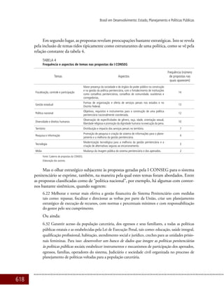 618
Brasil em Desenvolvimento: Estado, Planejamento e Políticas Públicas
Em segundo lugar, as propostas revelam preocupações bastante estratégicas. Isto se revela
pela inclusão de temas tidos tipicamente como estruturantes de uma política, como se vê pela
relação constante da tabela 4.
Tabela 4
Frequência e aspectos de temas nas propostas da I CONSEG
Temas Aspectos
Frequência (número
de propostas nas
quais aparecem)
Fiscalização, controle e participação
Maior presença da sociedade e de órgãos do poder público na construção
e na gestão da política penitenciária, com o fortalecimento de instituições
como conselhos penitenciários, conselhos de comunidade, ouvidorias e
corregedorias.
14
Gestão estadual
Formas de organização e oferta de serviços penais nos estados e no
Distrito Federal.
13
Política nacional
Objetivos, requisitos e instrumentos para a construção de uma política
penitenciária nacionalmente coordenada.
12
Diversidade e direitos humanos
Observação de especificidades de gênero, raça, idade, orientação sexual,
liberdade religiosa e promoção da dignidade humana na execução da pena.
10
Território Distribuição e impacto dos serviços penais no território. 7
Pesquisa e informação
Promoção de pesquisa e criação de sistema de informações para o plane-
jamento e a melhoria da gestão penitenciária.
4
Tecnologia
Modernização tecnológica para a melhoria da gestão penitenciária e a
criação de alternativas seguras ao encarceramento.
3
Mídia Mudança da imagem pública do sistema penitenciário e dos apenados. 2
Fonte: Caderno de propostas da CONSEG.
Elaboração dos autores.
Mas o olhar estratégico subjacente às propostas geradas pela I CONSEG para o sistema
penitenciário se exprime, também, na maneira pela qual estes temas foram abordados. Entre
as propostas classificadas como de “política nacional”, por exemplo, há algumas com contor-
nos bastante sistêmicos, quando sugerem:
6.22 Melhorar e tornar mais efetiva a gestão financeira do Sistema Penitenciário com medidas
tais como: repassar, fiscalizar e direcionar as verbas por parte da União, criar um planejamento
estratégico de execução de recursos, com normas e percentuais mínimos e com responsabilização
do gestor pelo seu cumprimento.
Ou ainda:
6.32 Garantir acesso da população carcerária, dos egressos e seus familiares, a todas as políticas
públicas estatais e as estabelecidas pela Lei de Execução Penal, tais como: educação, saúde integral,
qualificação profissional, habitação, atendimento social e jurídico, creches para as unidades prisio-
nais femininas. Para isso: desenvolver um banco de dados que integre as políticas penitenciárias
às políticas públicas sociais; estabelecer instrumentos e mecanismos de participação dos apenados,
egressos, famílias, operadores do sistema, Judiciário e sociedade civil organizada no processo de
planejamento de políticas voltadas para a população carcerária.
 