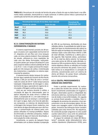 PedroFilipeRibeiroAraújo,MariadasGraçasLimaCoêlho,MarianaBezerraCoimbraHolandaetal.
119
TABELA 8.1. Percentuais de inclusão de farinha de peixe e farelo de soja na dieta basal e nas dife-
rentes dietas avaliadas, excetuando-se a ração comercial. A última coluna indica o percentual de
substituição da farinha de salmão pelo farelo de soja.
Dietas
Percentual de Inclusão (% da dieta, base natural) Percentual de
Substituição (%)Farinha de salmão Farelo de soja
Basal 51,4 16,1 0
FS12 45,0 24,6 12,5
FS25 38,5 33,0 25,1
FS37 32,1 41,5 37,5
FS50 25,7 50,0 50,0
8.2.3. CARACTERIZAÇÃO DO SISTEMA
EXPERIMENTAL E MANEJO
O sistema experimental consistiu de 28 tan-
ques circulares com capacidade nominal de 0,5
m3
, dispostos em seis filas com cinco tanques
cada, em área coberta (indoor). Para realização
do estudo, utilizaram-se cinco repetições de
cada uma das dietas formuladas, estocando-
se quatro peixes por tanque (8 peixes/m3
) com
peso corporal médio (± desvio padrão) de 45,32
± 12,75 (n = 112). A ração comercial foi empre-
gada em três tanques de cultivo. A distribuição
dos tratamentos e repetições no sistema expe-
rimental foi aleatória.
O abastecimento destes tanques foi realiza-
do com água captada do Estuário do Rio Pacoti,
filtrada a 100 μm em filtro de areia e armaze-
nada em caixas de 20 m³. Cada tanque possuía
tubulação independente de drenagem e abas-
tecimento de água, operando em regime de re-
circulação e filtragem contínua da água.
Uma vez por semana durante o cultivo, a
circulação de água foi interrompida, para se
aplicar alíquotas de ácido cítrico e sulfato de
cobre, à proporção de 1:1, em cada tanque in-
dividualmente para se alcançar a concentração
de 1 ppm na água. Após uma hora de ação des-
ses compostos, os sistemas de abastecimento
e drenagem dos tanques foram reabertos, mas
com desvio da água drenada para que não hou-
vesse a contaminação do sistema pelos com-
postos utilizados no manejo profilático. Depois
de eliminados os referidos compostos, median-
te descarte da água em bacia de decantação, a
recirculação foi então retomada.
Inicialmente, os juvenis do beijupirá foram
alimentados com as dietas testadas à proporção
de 10% de sua biomassa, distribuídos em duas
refeições diárias. A quantidade de ração foi ajus-
tada com base no monitoramento das sobras ou
falta de ração em bandejas de alimentação. Caso
sobrasse ração e esta sobra fosse inferior a 10%
do total ofertado, mantinha-se a oferta para o
dia seguinte. Não havendo sobras, aumentava-
se 5% no total da oferta anterior. Se houvesse
uma sobra acima de 10% da ração ofertada, re-
duziam-se 10% na próxima oferta. Este procedi-
mento objetivou ofertar as refeições em função
do consumo alimentar dos peixes. Como resul-
tado evitou-se os desperdícios e a privação de
alimento, caracterizando assim um sistema de
oferta ad libitum. Os peixes foram cultivados
durante oito semanas consecutivas.
8.2.4. COLETA, PROCESSAMENTO E
ANÁLISE DAS AMOSTRAS
Findo o período experimental, foi realiza-
da a coleta dos tecidos dos animais. Os peixes
foram inicialmente anestesiados em Eugenol a
50 ppm, observados quanto à integridade das
estruturas externas, à presença de sinais exter-
nos de lesões e (ou) enfermidades. Em seguida
os animais foram pesados e medidos. Para in-
vestigação da presença de parasitas e (ou) epi-
comensais à luz do microscópio óptico, foi rea-
lizada uma raspagem sobre a linha lateral dos
peixes. Amostras das brânquias foram também
coletadas para este mesmo fim. Na sequência,
foi conduzida punção sanguínea na veia caudal
usando tuberculina e (ou) corte do pedúnculo
caudal para a coleta de sangue e esfregaço.
O sangue foi coletado em tubos BD Micro-
tainer®  contendo ácido etilenodiamino tetra
-acético dipotássico  (Dipotassium EDTA), para
 