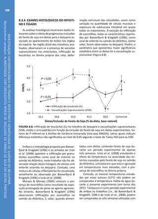 INVESTIGAÇÃOHISTOPATOLÓGICADOFÍGADOEINTESTINOEHEMATOLOGIADEJUVENISDOBEIJUPIRÁ,
Rachycentrumcanadum,ALIMENTADOSCOMCRESCENTESNÍVEISDEINCLUSÃODEFARELODESOJAEMDIETASPRÁTICAS
126
8.3.4. EXAMES HISTOLÓGICOS DO INTESTI-
NO E FÍGADO
As análises histológicas mostraram dados re-
levantes sobre o efeito de progressivas inclusões
do farelo de soja em dietas para o beijupirá as-
sociado ao aparecimento de lesões nos órgãos
da espécie. Na região distal dos intestinos ana-
lisados, observaram-se a presença de vacúolos
supranucleares nos enterócitos, infiltração de
leucócitos na lâmina própria dos vilos, defor-
mação estrutural das vilosidades, assim como
variação na quantidade de células mucosas e
espessura da submucosa intestinal em quase
todos os tratamentos. À exceção da infiltração
de eosinófilos, todas as características reporta-
das por Baeverfjord & Krogdahl (1996), como
sinal de enterite no salmão do Atlântico, Salmo
salar, foram observadas no beijupirá. Porém, o
parâmetro que apresentou maior significância
estatística entre as dietas foi à vacuolização su-
pranuclear (Figura 8.8).
1,0
2,0
3,0
4,0
5,0
16,1 24,6 33,0 41,5 50,0 Comercial
VSN/IL
Dietas/Inclusão de Farelo de Soja (% da dieta, base natural)
Infiltração de Leucócitos (IL)
Vacuolizações Supranucleares (VSN)
a
a a
b
a
a
P < 0,05
P > 0,05
FIGURA 8.8. Infiltração de leucócitos (IL) no intestino do beijupirá e vacuolizações supranucleares
(VSN, média ± erro padrão) em função da inclusão do farelo de soja em dietas experimentais. Va-
lores de P referem-se à Análise de Variância Univariada (one-way ANOVA). Letras iguais indicam
diferença estatística não significativa ao nível de 0,05 segundo o teste de Tukey HSD para as VSN.
Embora a metodologia proposta por Baever-
fjord & Krogdahl (1996) e os achados de Urán
et al. (2008) apontem a infiltração por granu-
lócitos eosinófilos como sinal de enterite no
salmão do Atlântico, neste trabalho não foi ob-
servada relação desta linhagem de células com
enterite ocorrida no beijupirá. Contudo, uma
mistura de células inflamatórias foi visualizada,
semelhante ao observado por Baeverfjord &
Krogdahl (1996) e Urán et al. (2008).
Moraes & Moraes (2009) colocam a pre-
sença de eosinófilos como resultado da expo-
sição prolongada do peixe ao agente agressor.
No entanto, Baeverfjord & Krogdahl (1996)
observaram infiltrações por eosinófilos no
salmão do Atlântico, S. salar, quando alimen-
tados com dietas contendo farelo de soja du-
rante um período experimental de apenas
três semanas. Urán et al. (2008) estudando o
efeito da temperatura na severidade das en-
terites causadas pelo farelo de soja no salmão
do Atlântico, constataram que esta é agravada
em temperaturas mais elevadas, com a pre-
sença de eosinófilos na lâmina própria.
Contudo, as maiores temperaturas estuda-
das por esses autores (12o
C) não podem ser
comparadas à temperatura média da água du-
rante o presente experimento (em torno dos
29o
C). Tampouco o curto período experimental
de ambos os trabalhos (i.e., de Baeverfjord &
Krogdahl, 1996 e de Urán et al., 2008), podem
ser comparados às oito semanas utilizadas com
 