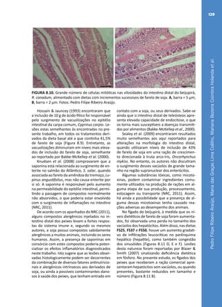 PedroFilipeRibeiroAraújo,MariadasGraçasLimaCoêlho,MarianaBezerraCoimbraHolandaetal.
129
A B
FIGURA 8.10. Grande número de células mitóticas nas vilosidades do intestino distal do beijupirá,
R. canadum, alimentado com dietas com incrementos sucessivos de farelo de soja. A, barra = 5 μm;
B, barra = 2 μm. Fotos: Pedro Filipe Ribeiro Araújo.
Hossain & Jauncey (1993) encontraram que
a inclusão de 10 g de ácido fítico foi responsável
pelo surgimento de vacuolizações no epitélio
intestinal da carpa comum, Cyprinus carpio. Le-
sões estas semelhantes às encontradas no pre-
sente trabalho, em todos os tratamentos deri-
vados da dieta basal até a que continha 41,5%
de farelo de soja (Figura 8.9). Entretanto, as
vacuolizações diminuíram em níveis mais eleva-
dos de inclusão do farelo de soja, semelhante
ao reportado por Bakke-McKellep et al. (2000).
Knudsen et al. (2008) comprovaram que a
saponina está relacionada ao surgimento de en-
terite no salmão do Atlântico, S. salar, quando
associada ao farelo da amêndoa do tremoço, Lu-
pinus angustifolius, mas não causa enterite por
si só. A saponina é responsável pelo aumento
na permeabilidade do epitélio intestinal, permi-
tindo a passagem de compostos normalmente
não absorvidos, o que poderia estar envolvido
com o surgimento de inflamações no intestino
(NRC, 2011).
De acordo com os apanhados do NRC (2011),
alguns compostos alergênicos injetados no in-
testino distal dos peixes levam a fortes respos-
tas do sistema imune e, segundo os mesmos
autores, a soja possui compostos sabidamente
alergênicos a muitos animais, incluindo os seres
humanos. Assim, a presença de saponinas em
consórcio com estes compostos poderia poten-
cializar os efeitos inflamatórios diagnosticados
neste trabalho. Isto sugere que as lesões obser-
vadas histologicamente podem ser decorrentes
da combinação de diversos fatores antinutricio-
nais e alergênicos intrínsecos aos derivados de
soja, ou ainda a possíveis contaminantes dano-
sos à saúde dos peixes, que tenham entrado em
contato com a soja, ou seus derivados. Sabe-se
ainda que o intestino distal de teleósteos apre-
senta elevada capacidade de endocitose, o que
os torna mais susceptíveis a doenças transmiti-
das por alimentos (Bakke-McKellep et al., 2000).
Sealey et al. (2009) encontraram resultados
muito semelhantes aos aqui reportados para
alterações na morfologia do intestino distal,
quando utilizaram níveis de inclusão de 43%
de farelo de soja em uma ração de crescimen-
to direcionada à truta arco-íris, Oncorhynchus
mykiss. No entanto, os autores não discutiram
o surgimento desses vacúolos de grande tama-
nho na região supranuclear dos enterócitos.
Algumas substâncias tóxicas, como micoto-
xinas, podem contaminar ingredientes comu-
mente utilizados na produção de rações em al-
guma etapa de sua produção, processamento,
estocagem ou transporte (NRC, 2011). Assim,
há ainda a possibilidade que a presença de al-
guma dessas micotoxinas tenha causado rea-
ções adversas ao desempenho dos animais.
No fígado do beijupirá, à medida que os ní-
veis dietéticos de farelo de soja foram aumenta-
dos, foi observada uma perda no tamanho dos
vacúolos dos hepatócitos. Além disso, nas dietas
FS25, FS37 e FS50, houve um aumento gradati-
vo de infiltrações leucocíticas no parênquima
hepático (hepatite), como também congestão
dos sinusóides (Figuras 8.11 D, E e F). Lesões
desta natureza foram reportadas por Blazer &
Smith (2007) sinalizando deficiência dietética
em fósforo. No presente estudo, os fígados dos
peixes que receberam a ração comercial apre-
sentaram hepatócitos sem vacúolos, ou quando
presentes, bastante reduzidos em tamanho e
número (Figura 8.11 B).
 
