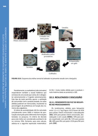 RENDIMENTODECORTESEQUALIDADEDACARNEDOBEIJUPIRÁ,Rachycentroncanadum,
SUJEITOADIFERENTESGRADIENTESDESALINIDADEDAÁGUADECULTIVO
160
FIGURA 10.4. Esquema da análise sensorial adotado no presente estudo com o beijupirá.
Paralelamente, os avaliadores (não treinados)
responderam também a escala hedônica que
constava de uma escala que variou de 1 (desgos-
tei extremamente) a 9 (gostei extremamente).
Este tipo de teste permitiu apurar a satisfação
do consumidor com o produto testado. As notas
obtidas puderam ser mensuradas, resultando na
porcentagem de preferência em função dos nú-
meros dos julgadores.
O índice de aceitabilidade (IA) foi calculado
considerando como 100% o máximo de pon-
tuação alcançada pelas diferentes formulações
testadas na pesquisa. O critério de decisão
para este índice ser considerado aceitável é de
no mínimo 70%. Portanto, para este cálculo,
adotou-se a seguinte expressão matemática:
IA (%) = (nota média obtida para o produto ÷
nota máxima dada ao produto) x 100.
10.3. RESULTADOS E DISCUSSÃO
10.3.1. RENDIMENTO DO FILÉ DO BEIJUPI-
RÁ NO PROCESSAMENTO
Os rendimentos obtidos para beijupirás
entre 1,3 a 1,7 kg (Figura 10.5) foram de 65%
para peixes inteiro eviscerado e descabeçado
(IED), 62% para peixes inteiro eviscerado, des-
cabeçado e sem cauda (IEDSC), 54% para pei-
xes espalmado com pele (E), 51% para postas
(D), 40% para filé com pele e 31% para filé sem
pele (FSP).
 