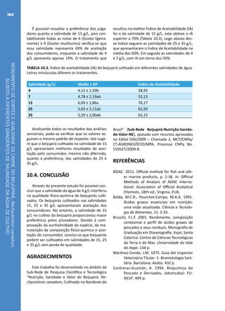 RENDIMENTODECORTESEQUALIDADEDACARNEDOBEIJUPIRÁ,Rachycentroncanadum,
SUJEITOADIFERENTESGRADIENTESDESALINIDADEDAÁGUADECULTIVO
164
É possível ressaltar a preferência dos julga-
dores quanto a salinidade de 15 g/L, pois con-
tabilizando todas as notas de 6 (Gostei ligeira-
mente) à 9 (Gostei muitíssimo) verifica-se que
essa salinidade representa 69% de aceitação
dos consumidores, enquanto a salinidade de 4
g/L apresenta apenas 19%. O tratamento que
resultou no melhor Índice de Aceitabilidade (IA)
foi o da salinidade de 15 g/L, esta obteve o IA
superior a 70% (Tabela 10.3). Logo abaixo des-
se índice seguem as salinidades de 25 e 35 g/L,
que apresentaram o Índice de Aceitabilidade na
média dos 60%. Em seguida as salinidades de 4
e 7 g/L, com IA em torno dos 50%.
TABELA 10.3. Índice de aceitabilidade (IA) do beijupirá cultivado em diferentes salinidades de água.
Letras minúsculas diferem os tratamentos.
Salinidade (g/L) Média ± DP Índice de Aceitabilidade
4 4,12 ± 1,59b 58,93
7 4,78 ± 2,19ab 53,13
15 6,09 ± 1,86a 76,17
25 5,63 ± 2,11ab 62,50
35 5,59 ± 2,00ab 62,15
Analisando todos os resultados das análises
sensoriais, pode-se verificar que os valores se-
guiram o mesmo padrão de resposta. Isto suge-
re que o beijupirá cultivado na salinidade de 15
g/L apresentam melhores resultados de acei-
tação pelo consumidor, mesmo não diferindo,
quanto à preferência, das salinidades de 25 e
35 g/L.
10.4. CONCLUSÃO
Através do presente estudo foi possível con-
cluir que a salinidade da água de 4 g/L interferiu
na qualidade físico-química de beijupirás culti-
vados. Os beijupirás cultivados nas salinidades
15, 25 e 35 g/L apresentaram aceitação dos
consumidores. No entanto, a salinidade de 15
g/L no cultivo do beijupirá proporcionou maior
preferência pelos provadores. Devido à com-
provação da eurihalinidade da espécie, da ma-
nutenção da composição físico-química e acei-
tação do consumidor, conclui-se que beijupirás
podem ser cultivados em salinidades de 15, 25
e 35 g/L sem perda de qualidade.
AGRADECIMENTOS
Este trabalho foi desenvolvido no âmbito da
Sub-Rede de Pesquisa Científica e Tecnológica
“Nutrição, Sanidade e Valor do Beijupirá, Ra-
chycentron canadum, Cultivado no Nordeste do
Brasil” (Sub-Rede Beijupirá-Nutrição-Sanida-
de-Valor-NE), apoiado com recursos aprovados
no Edital 036/2009 – Chamada 2, MCT/CNPq/
CT-AGRONEGÓCIO/MPA, Processo CNPq No.
559527/2009-8.
REFERÊNCIAS
AOAC. 2011. Official method for fish and oth-
er marine products, p. 1-36. In: Official
Methods of Analysis of AOAC Interna-
tional. Association of Official Analytical
Chemists, 18th ed., Virginia, EUA.
Belda, M.C.R., Pourchet-Campo, M.A.A. 1991.
Ácidos graxos essenciais em nutrição:
uma visão atualizada. Ciência e Tecnolo-
gia de Alimentos, 11: 5-35.
Bruschi, F.L.F. 2001. Rendimento, composição
centesimal e perfil de ácidos graxos de
pescados e seus resíduos. Monografia de
Graduação em Oceanografia. Itajaí, Santa
Catarina. Centro de Ciências Tecnológicas
da Terra e do Mar, Universidade do Vale
do Itajaí. 134 p.
Martinez-Conde, J.M. 1975. Guia del Inspector
Veterinário Titular: 1- Bromotologia Sani-
tária. Barcelona: Aedos. 432 p.
Contreras-Guzmán, A. 1994. Bioquímica do
Pescado e Derivados. Jaboticabal: FU-
NESP, 409 p.
 