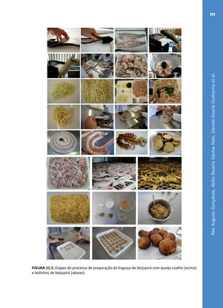 AlexAugustoGonçalves,AbílioBezerraDantasNeto,DanieleDuarteGuilhermeetal.
171
FIGURA 11.5. Etapas do processo de preparação da linguiça de beijupirá com queijo coalho (acima)
e bolinhos de beijupirá (abaixo).
 