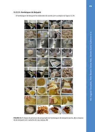 AlexAugustoGonçalves,AbílioBezerraDantasNeto,DanieleDuarteGuilhermeetal.
173
11.2.2.5. Hambúrguer de Beijupirá
O hambúrguer de beijupirá foi elaborado de acordo com as etapas da Figura 11.7A.
A
B
FIGURA 11.7. Etapas do processo de preparação do hambúrguer de beijupirá (acima, A) e empana-
do de beijupirá com castanha de caju (abaixo, B).
 