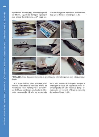 TÉCNICASDEPROCESSAMENTOEBENEFICIAMENTOVISANDOAGREGAÇÃODEVALORDOBEIJUPIRÁ,Rachycentroncanadum
176
FIGURA 11.9. Início do desenvolvimento do produto peixe inteiro temperado com o beijupirá cul-
tivado.
tripolifosfato de sódio (8%), imersão dos peixes
por 30 min., seguido de drenagem e pesagem
para cálculo do rendimento. A 3ª etapa con-
sistiu na inserção de indicadores de cozimento
(Pop-up) no dorso do peixe (Figura 11.9).
A 4ª etapa coincidiu com a incorporação do
tempero. Esta etapa foi realizada através da
imersão dos peixes no tempero na concentra-
ção de 3%, de acordo com a indicação do fabri-
cante, na proporção 1:1 (p/v) por um período
de 30 min., seguido de drenagem, pesagem e
embalagem a vácuo. Em seguida os peixes fo-
ram congelados em ultra freezer (a -25°C) e ar-
mazenados em freezer (-18°C) até o momento
das análises (Figura 11.10).
 