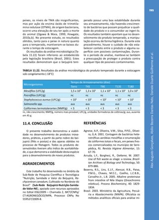 AlexAugustoGonçalves,AbílioBezerraDantasNeto,DanieleDuarteGuilhermeetal.
195
TABELA 11.22. Resultados da análise microbiológica do produto temperado durante a estocagem
sob congelamento (-18°C)
Microrganismos
Tempo de Armazenamento (dias)
Tzero T45 T90 T135 T180
Mesófilos (UFC/g) 1,5 x 103
1,3 x 103
1,1 x 103
1,1 x 103
1,0 x 103
Psicrófilos (UFC/g) nc nc nc nc nc
Staphylococcus aureus (UFC/g) < 102
< 102
< 102
< 102
< 102
Salmonella spp. aus aus aus aus aus
Coliformes termotolerantes (NMP/g) < 3 < 3 < 3 < 3 < 3
nc, não crescimento; NMP/g, número mais provável; UFC/g, unidades formadoras de colônias/g; aus, ausente
em 45 g.
peixes, os níveis de TMA são insignificantes,
mas por ação da enzima óxido de trimetila-
mina redutase (OTMA), de origem bacteriana,
ocorre uma elevação de seu ter após a morte
do animal (Ogawa & Maia, 1999; Howgate,
2010a,b). No presente estudo, os resultados
obtidos, tanto para o peixe in natura quanto
para o temperado, mantiveram-se baixos du-
rante o tempo de estocagem.
Os resultados da análise microbiológica (Ta-
bela 11.22) foram inferiores ao estabelecido
pela legislação brasileira (Brasil, 2001). Estes
resultados demonstram que o beijupirá tem-
perado possui uma boa estabilidade durante
seu armazenamento, não havendo crescimen-
to de bactérias que possam prejudicar a quali-
dade do produto e o consumidor ao ingeri-lo.
Os resultados também apontam que no desen-
volvimento do produto temperado, a manipu-
lação ocorreu de forma higiênica. Durante este
procedimento, houve o cuidado de não esta-
belecer contato entre o produto e alguma su-
perfície com possíveis contaminações. Duran-
te o período de analise, manteve-se também
a preocupação de proteger o produto contra
qualquer tipo de possíveis contaminantes.
11.4. CONCLUSÃO
O presente trabalho demonstrou a viabili-
dade no desenvolvimento de produtos inova-
dores, práticos, a partir da parte nobre do bei-
jupirá (filés e postas) e das aparas obtidas no
processo de filetagem. Todos os produtos de-
senvolvidos tiveram alto índice de aceitabilida-
de, o que demonstra a viabilidade desta espécie
para o desenvolvimento de novos produtos.
AGRADECIMENTOS
Este trabalho foi desenvolvido no âmbito da
Sub-Rede de Pesquisa Científica e Tecnológica
“Nutrição, Sanidade e Valor do Beijupirá, Ra-
chycentron canadum, Cultivado no Nordeste do
Brasil” (Sub-Rede Beijupirá-Nutrição-Sanida-
de-Valor-NE), apoiado com recursos aprovados
no Edital 036/2009 – Chamada 2, MCT/CNPq/
CT-AGRONEGÓCIO/MPA, Processo CNPq No
559527/2009-8.
REFERÊNCIAS
Agnese, A.P., Oliveira, V.M., Silva, P.P.O., Olivei-
ra, G.A. 2001. Contagem de bactérias hete-
rotróficas aeróbias mesófilas e enumeração
de coliformes totais e fecais, em peixes fres-
cos comercializados no município de Sero-
pédica, RJ. Revista Higiene Alimentar, 15:
67-70.
Arruda, L.F., Borghesi, R., Oetterer, M. 2007.
Use of fish waste as silage: a review. Brazil-
ian Archives of Biology and Technology, 50:
879-886.
Bezerra, R.S., Lins, E.J.F., Alencar, R.B., Paiva,
P.M.G., Chaves, M.E.C., Coelho, L.C.B.B.,
Carvalho-Jr., L.B. 2005. Alkaline proteinase
from intestine of Nile tilapia (Oreochromis
niloticus). Process Biochemistry, 40: 1829-
1834.
Brasil. 2003. Ministério da Agricultura, Pecuá-
ria e Abastecimento (MAPA). Oficializa os
métodos analíticos oficiais para análise mi-
 