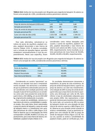 RaulMarioMalvinoMadrid,AlbertoJorgePintoNunes
221
TABELA 13.8. Análise de risco do projeto com 48 gaiolas para engorda do beijupirá. Os valores so-
freram uma variação de ± 20%, considerando cenários pessimista e otimista.
Parâmetros Selecionados
Cenários
Pessimista Mais Provável Otimista
Preço de alevinos de beijupirá (US$/unid.) 1,02 0,85 0,68
Variação percentual (%) 20% 0% -20%
Preço de venda do beijupirá inteiro (US$/kg) 3,20 4,00 4,80
Variação percentual (%) -20,0% 0% 20,0%
Custo com mão-de-obra (US$) 2.323.728 1.936.440 1.549.152
Variação percentual (%) 20,0% 0% -20,0%
Para cada alternativa, calcularam-se os
índices do ponto de equilíbrio, payback sim-
ples, payback descontado e taxa interna de
retorno (Tabela 13.9). O sistema concebido,
com a inclusão de equações lógicas, permitiu
estabelecer automaticamente o risco do em-
preendimento. Neste caso específico, foram
considerados como índices desejados pelo
usuário, o ponto de equilíbrio, payback sim-
ples, payback descontado e taxa interna de
retorno com valores de 40%, 4 anos, 5 anos e
40%, respectivamente. Como resultado, os va-
lores percentuais de riscos foram de 59,26%,
44,44%, 44,44% e 40,46%, respectivamente.
TABELA 13.9. Análise de risco do projeto com 48 gaiolas para engorda do beijupirá. Os valores so-
freram uma variação de ± 20%, considerando cenários pessimista e otimista.
Índice Índice Desejado Risco (%)
Ponto de Equilíbrio 40% 59,26%
Payback Simples 4 anos 44,44%
Payback Descontado 5 anos 44,44%
Taxa Interna de Retorno 40% 40,46%
Considerando um cenário “persimista”, ve-
rificou-se um elevado risco para o empreendi-
mento estudado. Isto demonstra a sensibilida-
de que os parâmetros selecionados possuem ao
ser considerado uma condição pessimista. Esta
situação muda de forma positiva ao se conside-
rar, como valor mais provável de venda do bei-
jupirá inteiro, US$ 4,80/kg, em vez de US$ 4,00/
kg, originalmente estabelecido no projeto.
Para o estudo de sensibilidade, calculou-se a
taxa interna de retorno, a rentabilidade e o payba-
ck simples. Para cada índice, foram selecionados
o preço do alevino de beijupirá, o preço de venda
do beijupirá inteiro e o investimento com varia-
ções percentuais de ±10% e ±20% (Figura 13.3).
Pode-se observar que as intercepções das linhas
correspondem a 39,38%, 44,40% e 3,15 anos, res-
pectivamente, para a taxa interna de retorno, ren-
tabilidade e payback simples (Tabela 13.7).
Os resultados demonstraram claramente a
importância, do ponto de vista econômico, do
preço de venda do beijupirá inteiro, superior ao
preço do alevino e ao valor dos investimentos.
Uma redução de 20% no preço de venda do bei-
jupirá indica que a taxa interna de retorno apre-
senta uma diminuição por volta de 0%, bem
inferior à taxa de atratividade estipulada para
este projeto (10%). Isto representaria a total
perda de interesse para investimentos privados.
Por outro lado, um aumento de 20% no preço
do beijupirá resulta em uma elevação da taxa
interna de retorno superior a 80% (Figura 13.3
A). Observa-se uma situação similar quando se
analisa a rentabilidade, a qual se apresenta ne-
gativa com uma redução de 20% no preço de
venda do beijupirá inteiro (Figura 13.3 B). Por
sua vez, quando se analisa a sensibilidade do
payback simples, pode ser verificado que, mes-
 
