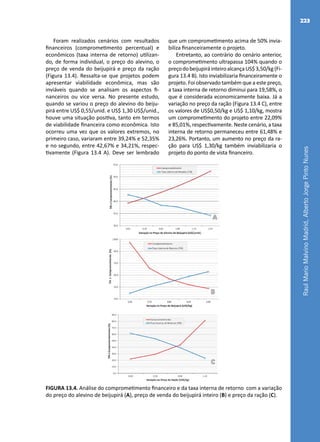 RaulMarioMalvinoMadrid,AlbertoJorgePintoNunes
223
Foram realizados cenários com resultados
financeiros (comprometimento percentual) e
econômicos (taxa interna de retorno) utilizan-
do, de forma individual, o preço do alevino, o
preço de venda do beijupirá e preço da ração
(Figura 13.4). Ressalta-se que projetos podem
apresentar viabilidade econômica, mas são
inviáveis quando se analisam os aspectos fi-
nanceiros ou vice versa. No presente estudo,
quando se variou o preço do alevino do beiju-
pirá entre US$ 0,55/unid. e US$ 1,30 US$/unid.,
houve uma situação positiva, tanto em termos
de viabilidade financeira como econômica. Isto
ocorreu uma vez que os valores extremos, no
primeiro caso, variaram entre 39,24% e 52,35%
e no segundo, entre 42,67% e 34,21%, respec-
tivamente (Figura 13.4 A). Deve ser lembrado
que um comprometimento acima de 50% invia-
biliza financeiramente o projeto.
Entretanto, ao contrário do cenário anterior,
o comprometimento ultrapassa 104% quando o
preçodobeijupiráinteiroalcançaUS$3,50/kg(Fi-
gura 13.4 B). Isto inviabilizaria financeiramente o
projeto. Foi observado também que a este preço,
a taxa interna de retorno diminui para 19,58%, o
que é considerada economicamente baixa. Já a
variação no preço da ração (Figura 13.4 C), entre
os valores de US$0,50/kg e US$ 1,10/kg, mostra
um comprometimento do projeto entre 22,09%
e 85,01%, respectivamente. Neste cenário, a taxa
interna de retorno permaneceu entre 61,48% e
23,26%. Portanto, um aumento no preço da ra-
ção para US$ 1,30/kg também inviabilizaria o
projeto do ponto de vista financeiro.
A
C
B
FIGURA 13.4. Análise do comprometimento financeiro e da taxa interna de retorno com a variação
do preço do alevino de beijupirá (A), preço de venda do beijupirá inteiro (B) e preço da ração (C).
 