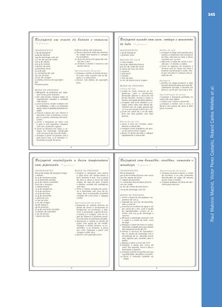 RaulMalvinoMadrid,VictorPerezCastaño,RolandCarlosWiefelsetal.
245
6
INGREDIENTES
1 kg de beijupirá
500g de batatas
25g de manteiga com sal
2,5 mL de suco de limão
250 g de cebola
500 g de tomate
3 dentes de alho
3 pimentas secas
30 g de pão
15 castanhas de cajú
250 mL de óleo
50 mL de vinagre
10 folhas frescas de espinafre
Sal
Pimenta preta
MOD O DE PREPARO
1.Mergulhe as pimentas por algu-
mas horas para hidratar.
2.Em uma forma coloque todos os
ingredientes lavados e untados
com azeite.
3.Leve ao forno, tendo cuidado com
as amêndoas, o pão e as pimentas
secas; retire-os quando estiverem as-
sados.
4.Triture e passe por um chinoix e
adicione o sal, a pimenta, o vina-
gre e o azeite, mexendo até emul-
sionar.
5.Corte o beijupirá ao meio com
a pele e sem espinhas; tempere
com sal e pimenta a gosto.
6.Corte as batatas em chips, e co-
loque em manteiga clarificada
com um pouco de suco de limão.
7.Coloque o peixe na panela com a
pele para cima, e as batatas si-
mulando escama de peixe.
8.Deixe esfriar até endurecer.
9.Passe o peixe do lado das batatas
na chapa bem quente e coloque
na assadeira.
10.Asse em forno pré-aquecido mé-
dio por 5 min.
11.Termine o molho e reserve-o em
banho-maria.
Apresentação do prato
1.Coloque o molho no fundo do pra-
to e por cima o peixe com as ba-
tatas e o alho fritos.
2.Decore com folhas de espinafre
frito.
Beijupirá em crosta de batata e romescu
(4 pessoas)
Beijupirá - Livreto - Miolo.indd 6 06/07/2011 14:25:27
7
Beijupirá assado com suco, corteza e macarrão
de lula (4 pessoas)
INGREDIENTES
1 kg de beijupirá
2 grandes lulas
MOLHO DE LULA
2 lulas limpas
150 g de cebolinha fresca
500 mL de caldo de carne
6 claras de ovos em neve
1 cenoura
1 alho poró
1 tomate
1 talo de aipo
10 mL de azeite extra virgem
MOD O DE PREPARO
Crosta de lula
1.Limpe as lulas (reserve as na-
dadeiras, pele e tentáculos)
deixando apenas o músculo em
forma detubo; enrole-o sobre si
mesmo com ajuda de filme plástico.
2.Congele, rale (com ralador), e co-
loque sobre uma tela (deixe de-
sidratar em um lugar quente por
12 h ou em estufa a 80ºC por I h).
3.Corte em cubos de 5 cm de lado;
frite em uma panela com óleo
quente.
Macarrão de lula
1.Corte a lula em tirinhas seme-
lhantes a macarrão.
2.Coloque numa frigideira um pou-
co de azeite extra virgem.
3.Doure ½ dente de alho e refogue
rapidamente o macarrão.
Molho de lula
1.Coloque no fogo uma panela para
saltear a cebolinha com um pouco
de óleo; adicione as lulas e deixe
cozinhar por 20 min.
2.Adicione o caldo de carne e cozi-
nhe por 1 h (drene o caldo).
3.Corte os legumes do mirepoix e
misture com as claras em neve e
finalise clarificando o caldo. Pas-
se por um pano e coloque uma pi-
tada de sal.
Beijupirá
1.Grelhe na chapa primeiro o lado
da pele do peixe para que seja de-
vidamente torrado, e termine em
forno a 200ºC por cerca de 4 min.
Apresentação do prato
1.Coloque o beijupirá grelhado no
centro de uma tigela.
2.Cubra com crosta e macarrão.
3.Coloque o molho com o suco, e
decore com azeite de salsa e alho
poró crocante.
Beijupirá - Livreto - Miolo.indd 7 06/07/2011 14:25:27
8
INGREDIENTES
800 g de lombo de beijupirá limpo
1 batata
30 g de azeitona preta
25 g pimentão assado
40 g de cebola vermelha
Suco de 2 laranjas
1 cebola fresca
10 g de alcaparras
20 g de anchova
20 g de ketchup
10 g de mostarda
1 gema de ovo
10 mL de óleo
5 mL de vinagre
5g de tabasco
5g de pimenta
30 g de azeitonas picadas
10 folhas de espinafre
5 mL de azeite
1 dente de alho
MOD O DE PREPARO
1.Confite o beijupirá com azeite
e alho frito em banho-maria a
65o
C durante 6 min. Tire o peixe
do saco a vácuo e torre em uma
chapa, do lado da pele. Confite
a batata cortada em retângulos
com óleo.
2.Frite a cebola cortada em julien-
ne e marinada com suco de la-
ranja. Asse o pimentão vermelho
cortado em tiras finas e refogue
o alho.
Apresentação do prato
1.Disponha as cebolas frescas no
fundo do prato e acrescente as
alcaparras, as anchovas, o kep-
chut, a mostarda, a gema de ovo,
o azeite e o vinagre, com um to-
que de Tabasco e pimenta preta.
E acrescente as azeitonas picadas.
2.Apresente a cebola no fundo do
prato com ajuda de um molde.
Coloque o molho tártaro, os pi-
mentões, e as batatas, o peixe
por cima. Salpique o peixe com
vinagre e alho seco.
3.Decore com espinafre frito.
Beijupirá cristalizado a baixa temperatura
com piperrada (4 pessoas)
Beijupirá - Livreto - Miolo.indd 8 06/07/2011 14:25:27
9
INGREDIENTES
800 g beijupirá
300 g de ervilhas frescas com casca
500 mL azeite de oliva
1 vagem de baunilha
12 camarões descascados frescos
100 mL caldo
50 mL de creme de leite freco
200 g de manteiga com sal
MOD O DE PREPARO
1.Corte o beijurirá em pedaços (su-
premos) de 200 g.
2.Infunde em 400 mL de baunilha,
óleo e reserve.
3.Cozinhe as ervilhas em água e sal
por cerca de 4 min. Com a ajuda
do liquidificador, triture as er-
vilhas com 125 g de manteiga e
reserve.
4.Misture a manteiga restante com
o caldo e o creme de leite. Leve
ao fogo.
5.Aqueça o creme de leite e a salsa,
tomando cuidado para que ambos
não aqueçam acima de 5ºC.
6.Utilize a mistura do liquidifica-
dor no molho de manteiga com a
introdução de ar, obtendo assim
uma espuma que contribui para o
molho.
7.Aqueça o óleo a cerca de 70°C.
8.Coloque o peixe por cerca de
4min. Em seguida, retire o óleo e
mantenha-o quente.
9.Coloque o peixe na grelha até que
sua pele fique dourada e crocante.
10.Passe o camarão também na
chapa.
Apresentação do prato
1.Coloque no prato o peixe, o creme
de ervilhas, e os três camarões
distribuidos ao redor do mesmo
assim como o molho.
2.Coloque pedaços de fava de bau-
nilha para decorar.
Beijupirá com baunilha, ervilhas, camarão e
manteiga (4 pessoas)
Beijupirá - Livreto - Miolo.indd 9 06/07/2011 14:25:27
 